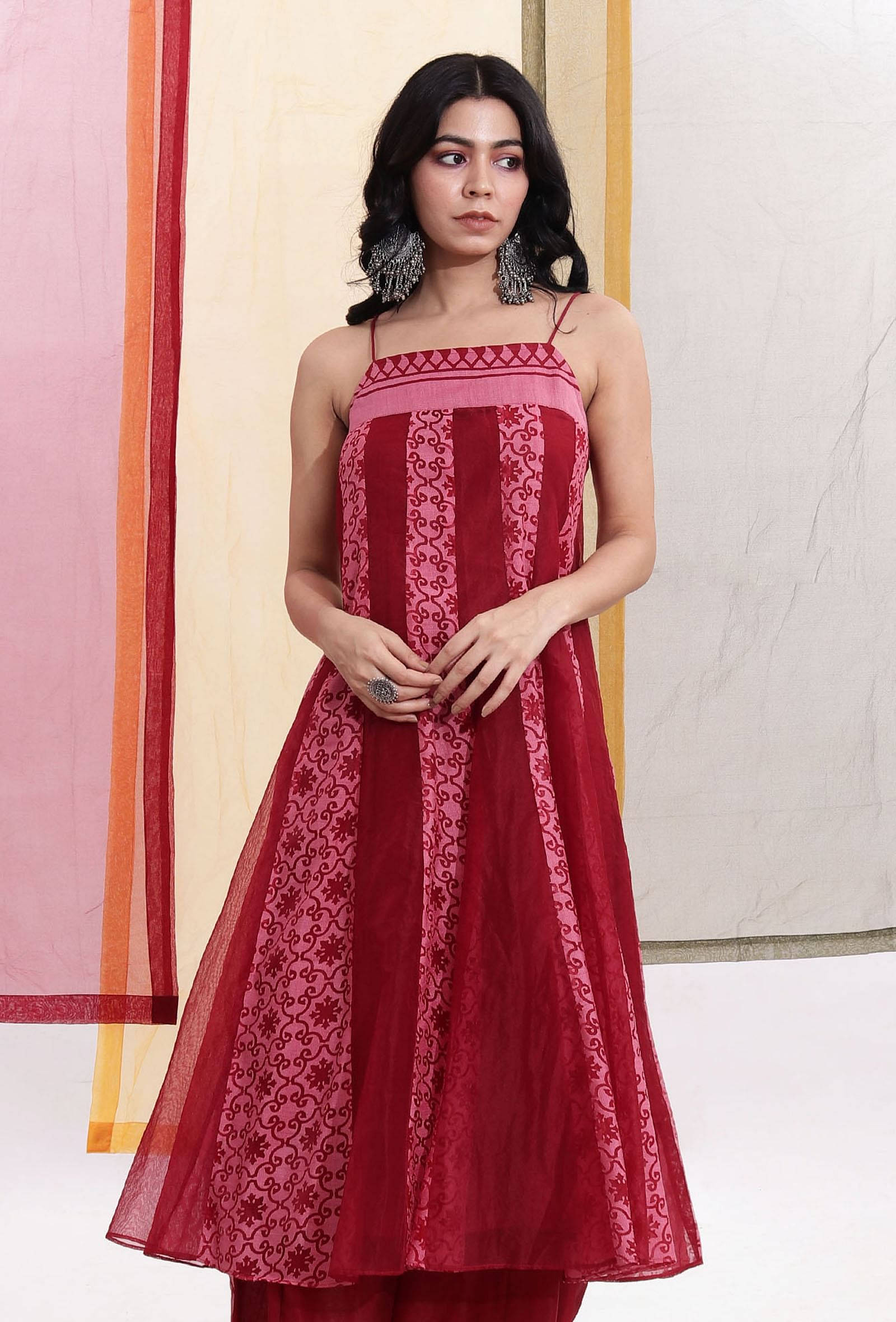 Carmine Red Kalidar Brasso Organza & Plain Organza Flared Slip Kurta