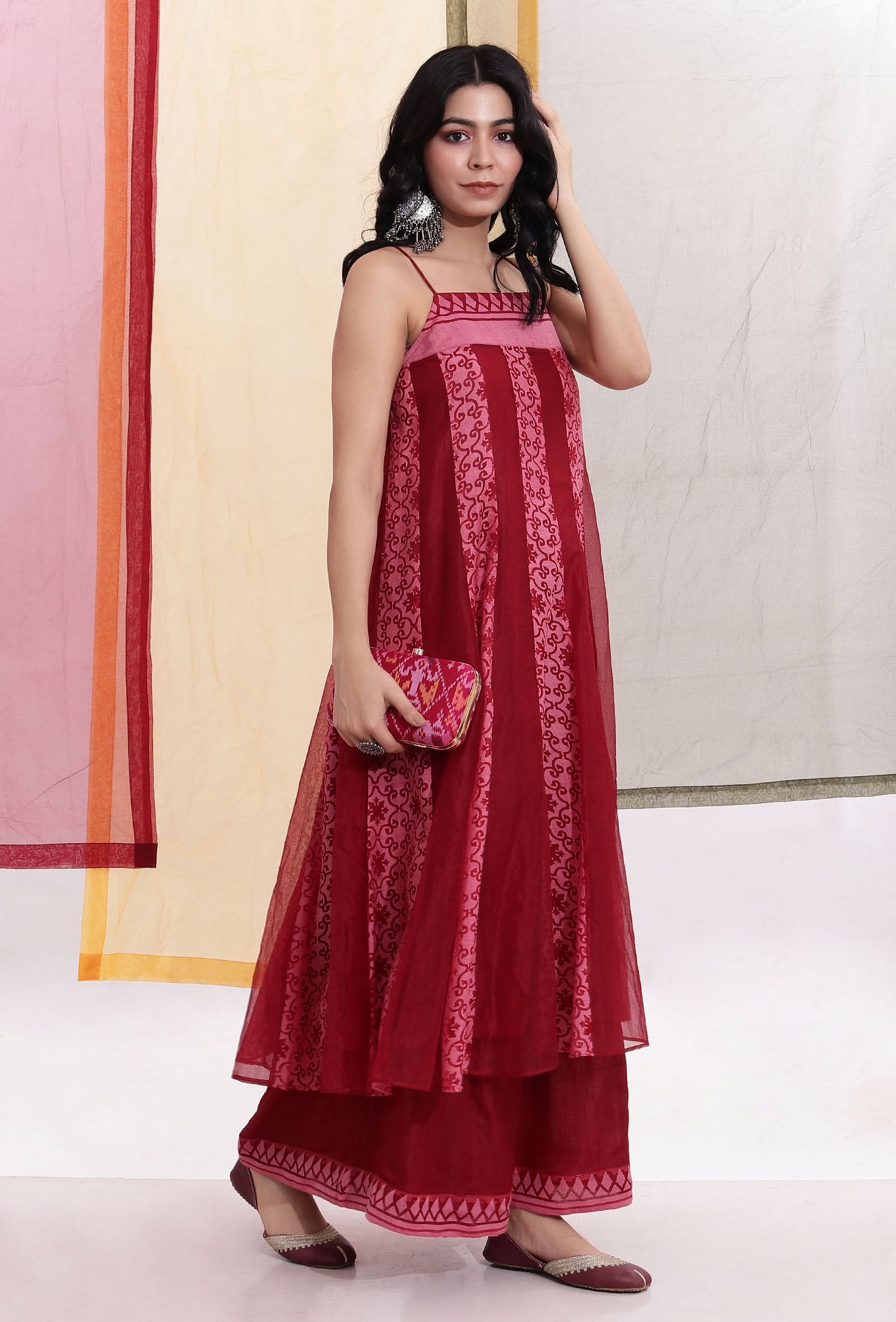 Carmine Red Kalidar Brasso Organza & Plain Organza Flared Slip Kurta