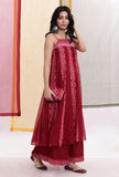 Carmine Red Kalidar Brasso Organza & Plain Organza Flared Slip Kurta