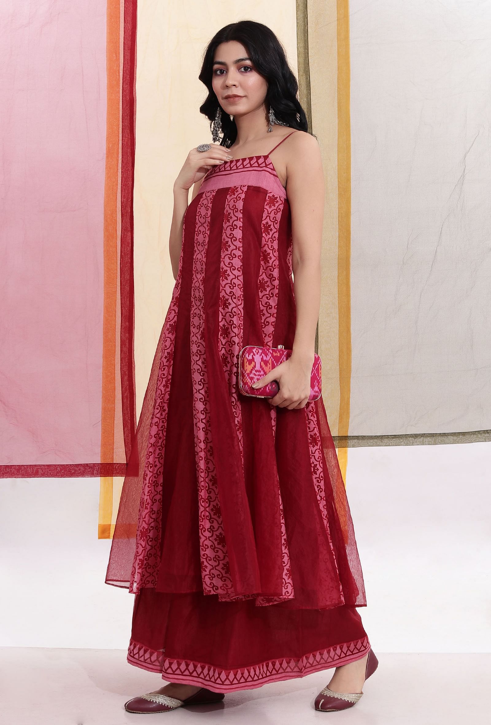 Carmine Red Kalidar Brasso Organza & Plain Organza Flared Slip Kurta