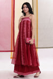 Carmine Red Kalidar Brasso Organza & Plain Organza Flared Slip Kurta