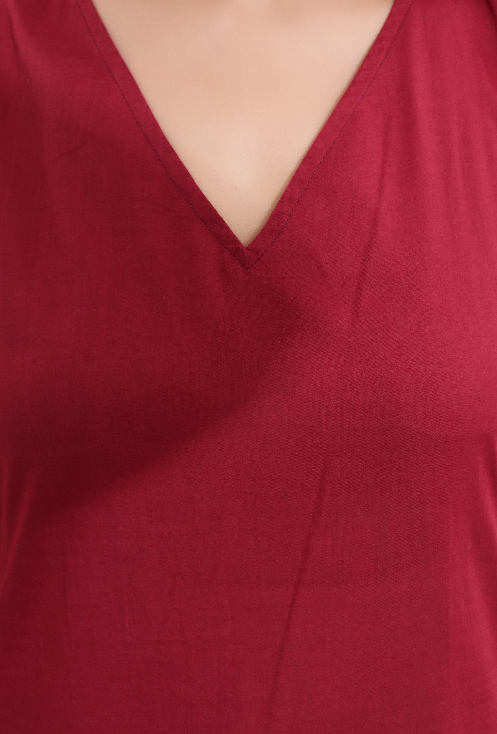 Carmine Red Cotton Sleeveless V-neck Straight Kurta