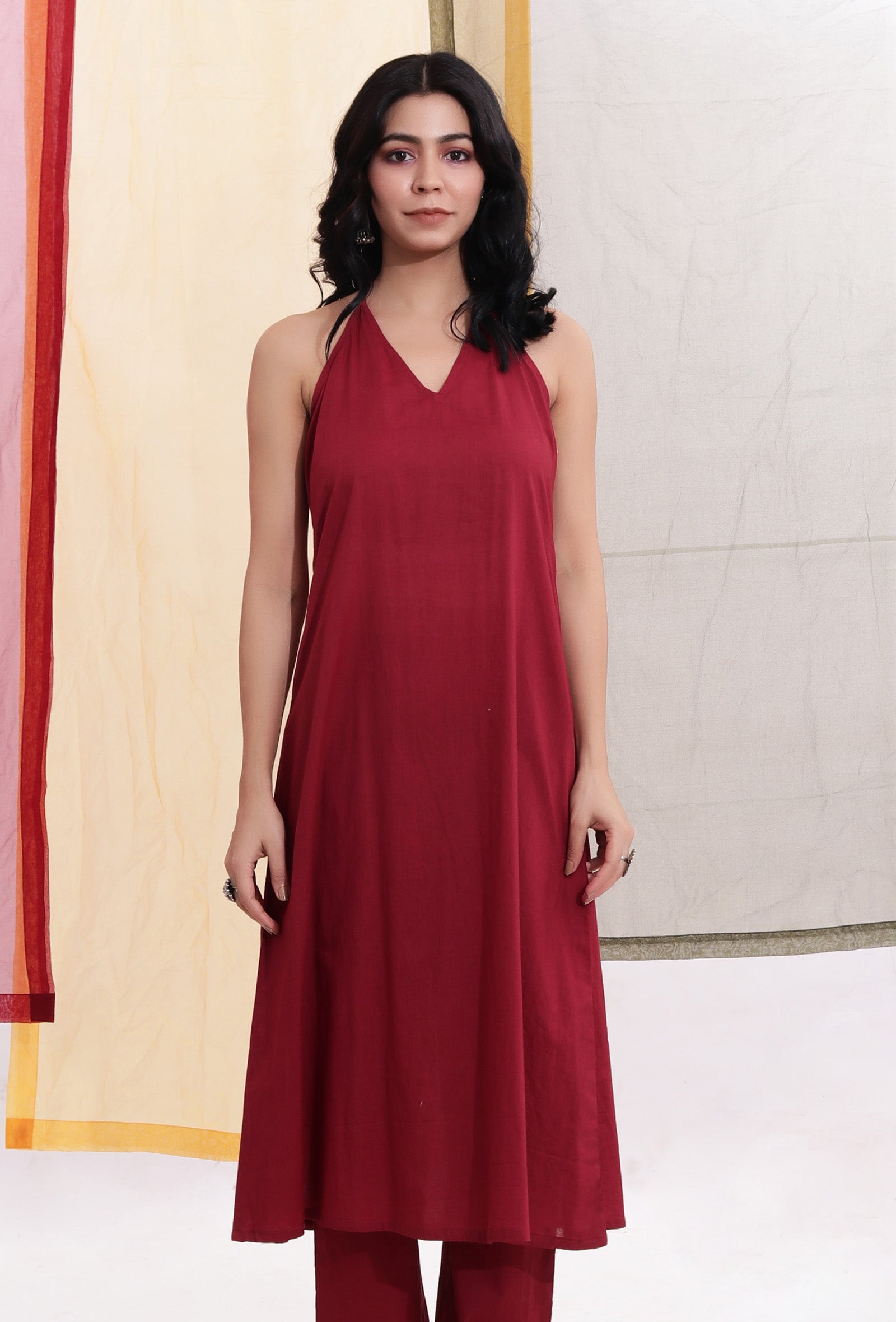 Carmine Red Halter Neck Backless Cotton Flared Kurta
