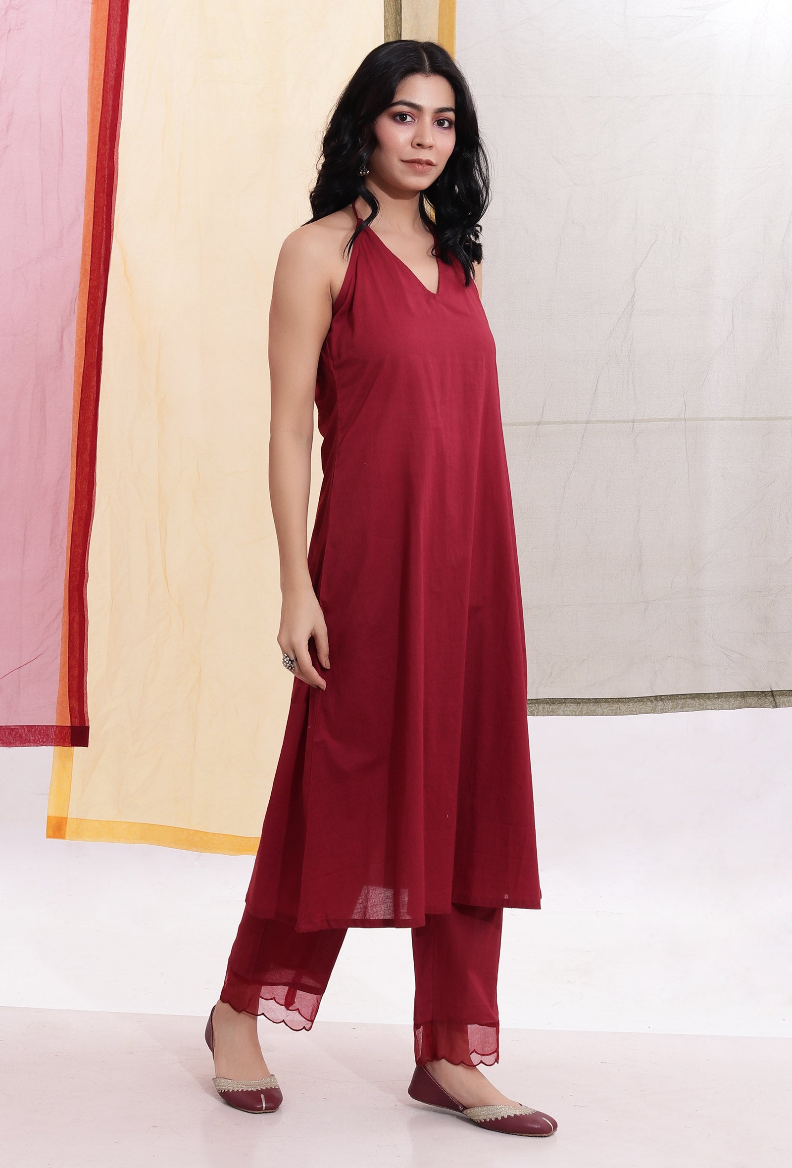 Carmine Red Halter Neck Backless Cotton Flared Kurta
