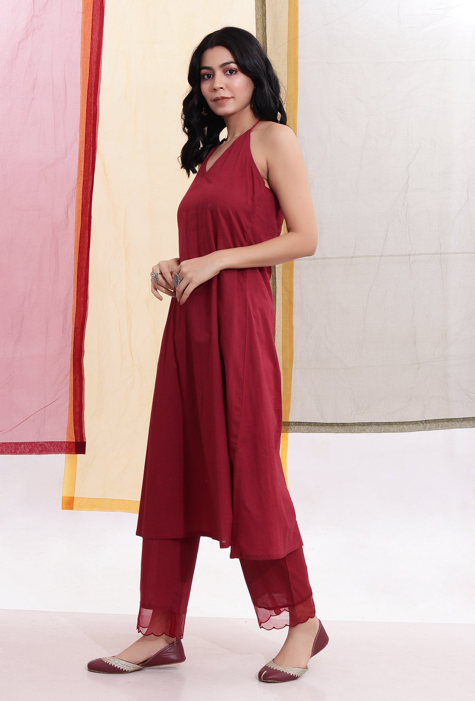 Carmine Red Halter Neck Backless Cotton Flared Kurta