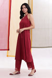 Carmine Red Halter Neck Backless Cotton Flared Kurta
