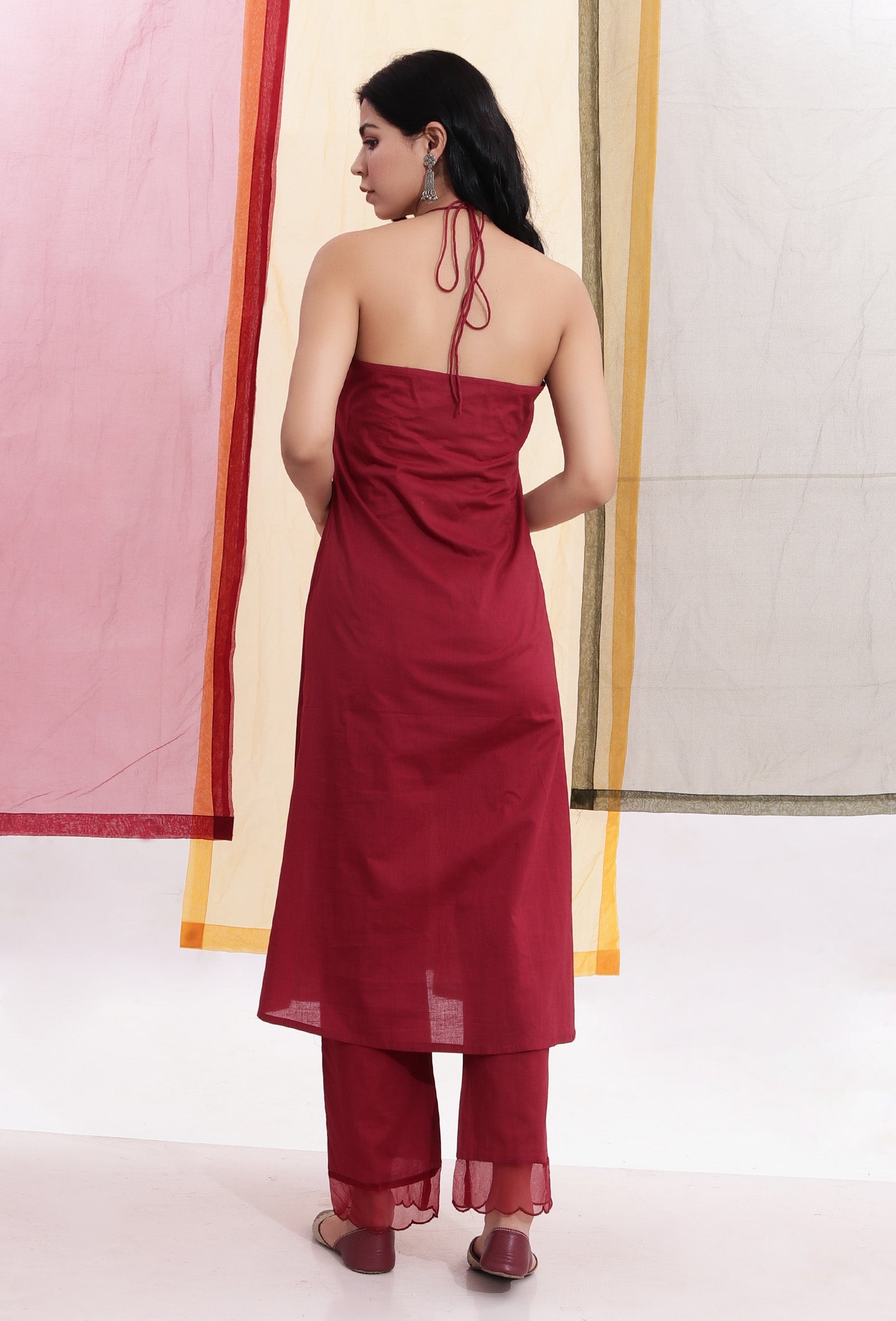 Carmine Red Halter Neck Backless Cotton Flared Kurta