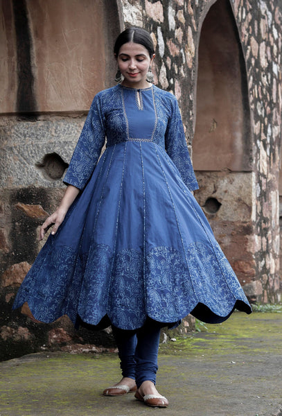 Set Of 2 Churni Indigo Cotton Kalidar Kurta Dress Churidar TJORI