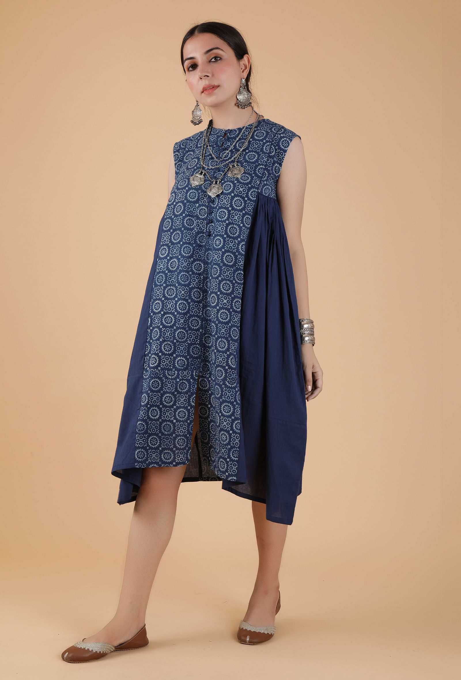 Harini Indigo Side Gather Front-Open Asymmetrical Kurta Dress