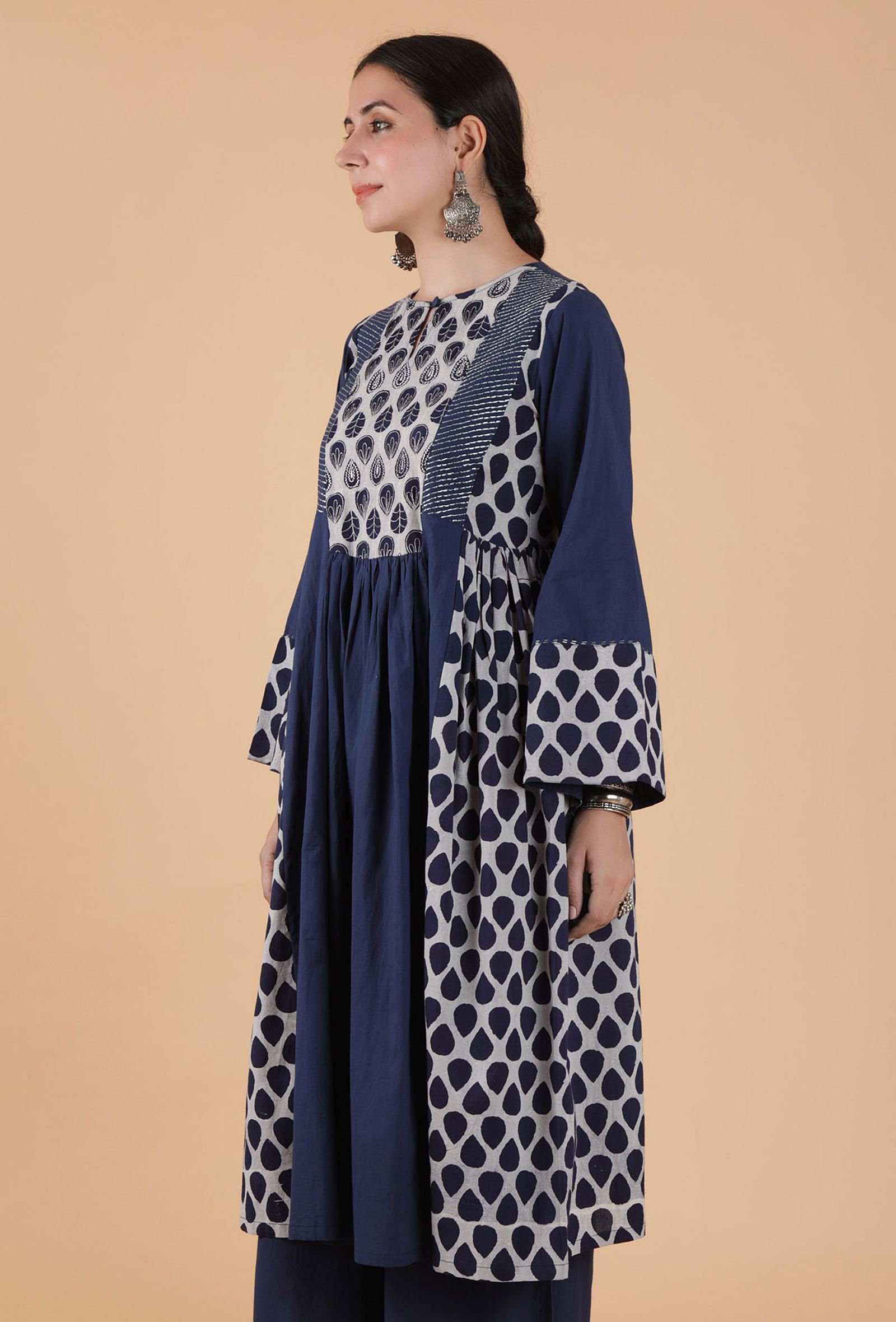 Vinita Indigo Buta Printed Panelled Gathered Kurta With Zari Embroidery