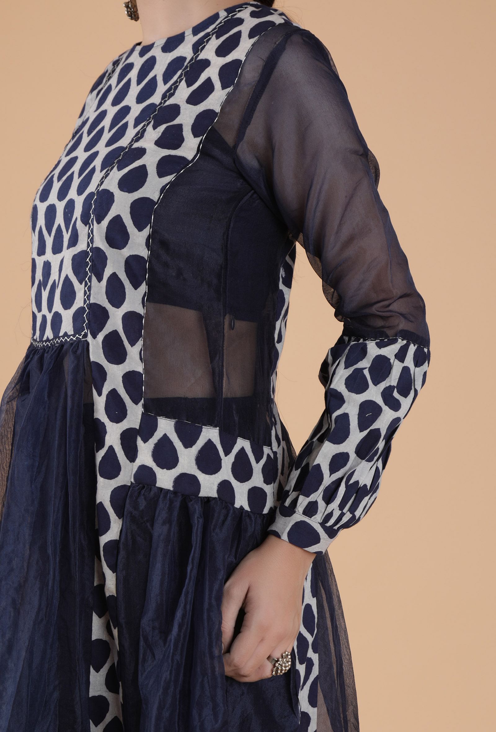 Tayanna Indigo Solid Blue Organza Gathered Kurta & Bustier Top