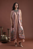 Set Of 2: Peach Taffeta Printed Overlay & Shantoon Flared Kurta