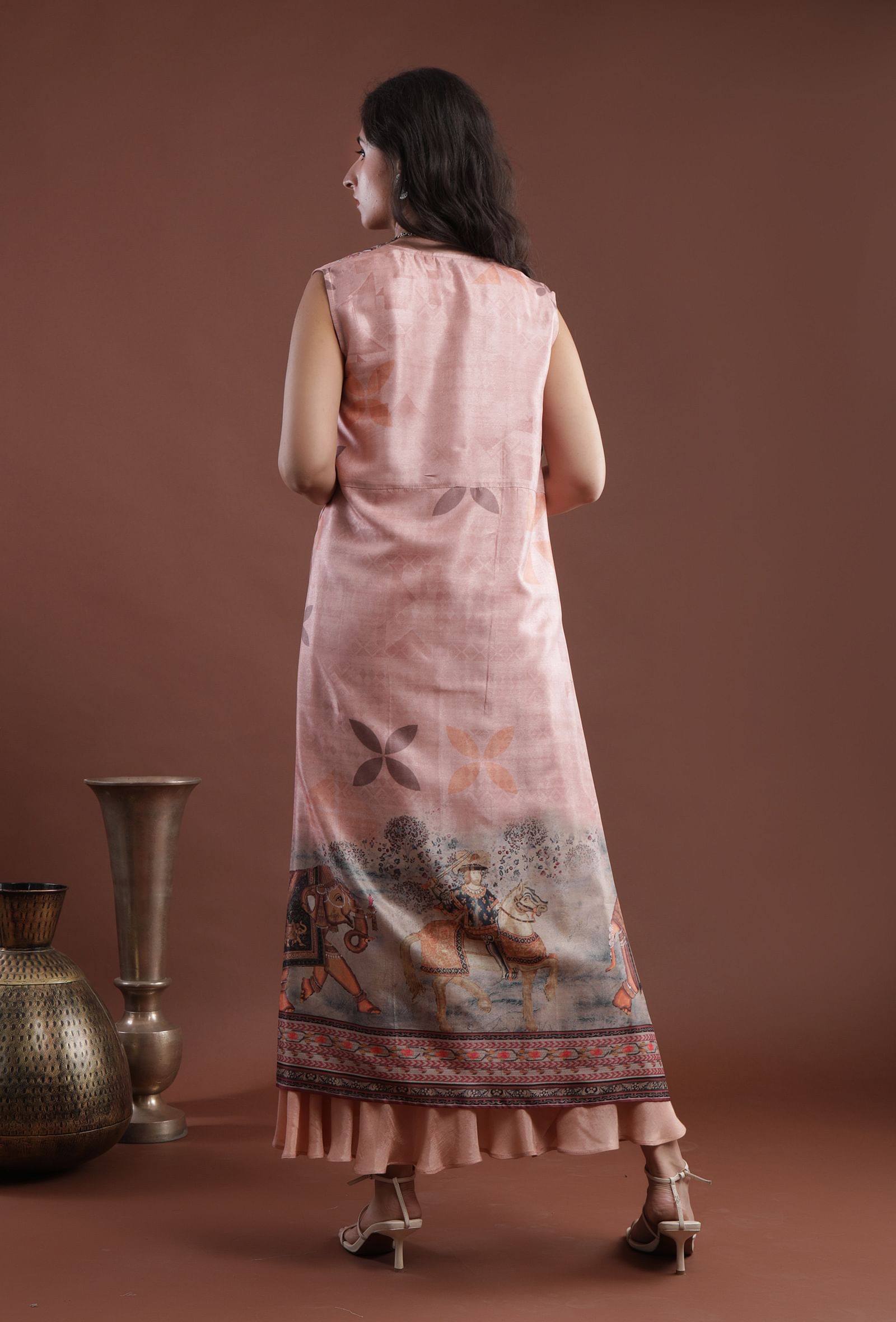 Set Of 2: Peach Taffeta Printed Overlay & Shantoon Flared Kurta