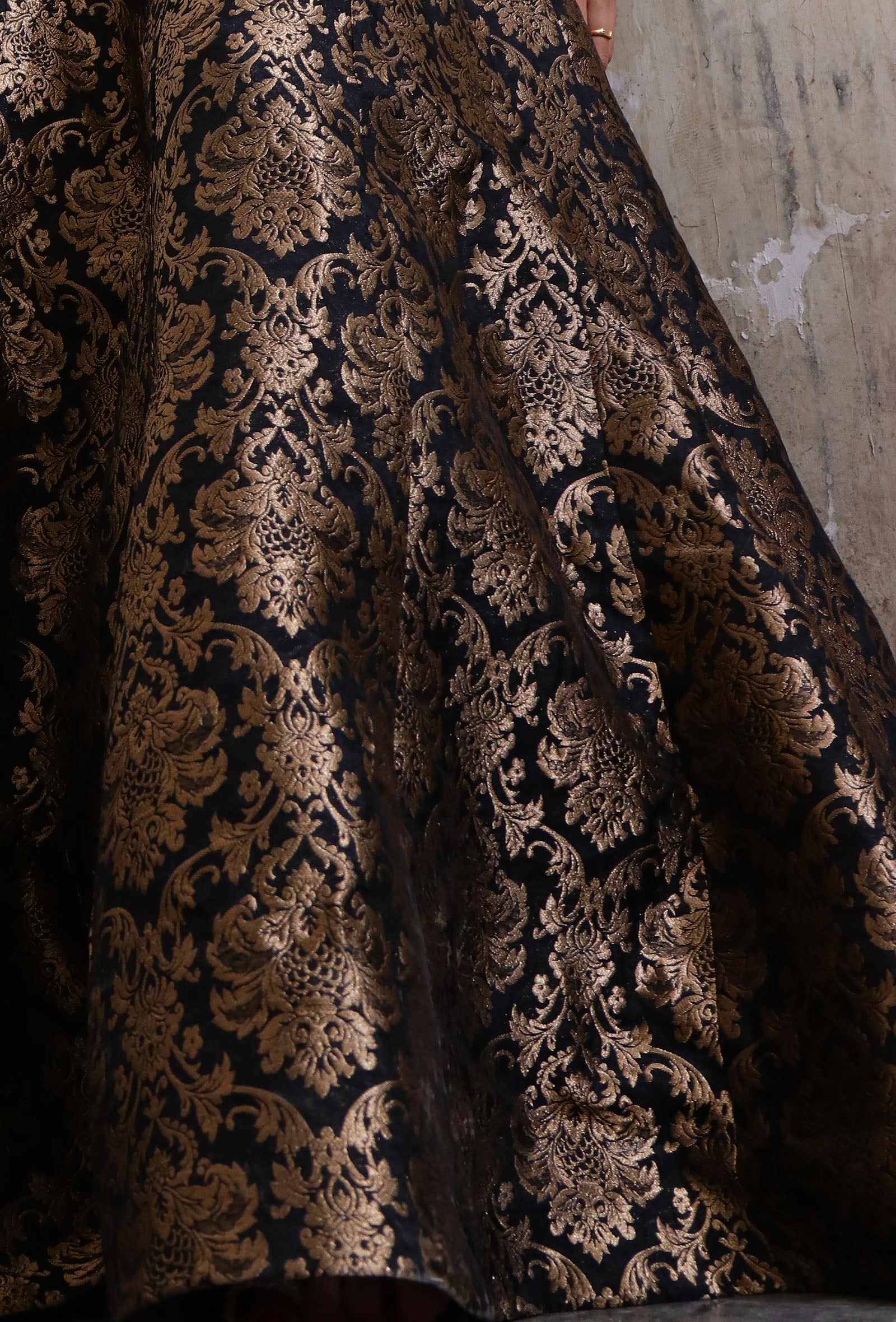 Black Banarasi Jacquard Kalidar Flared Skirt With Tassels