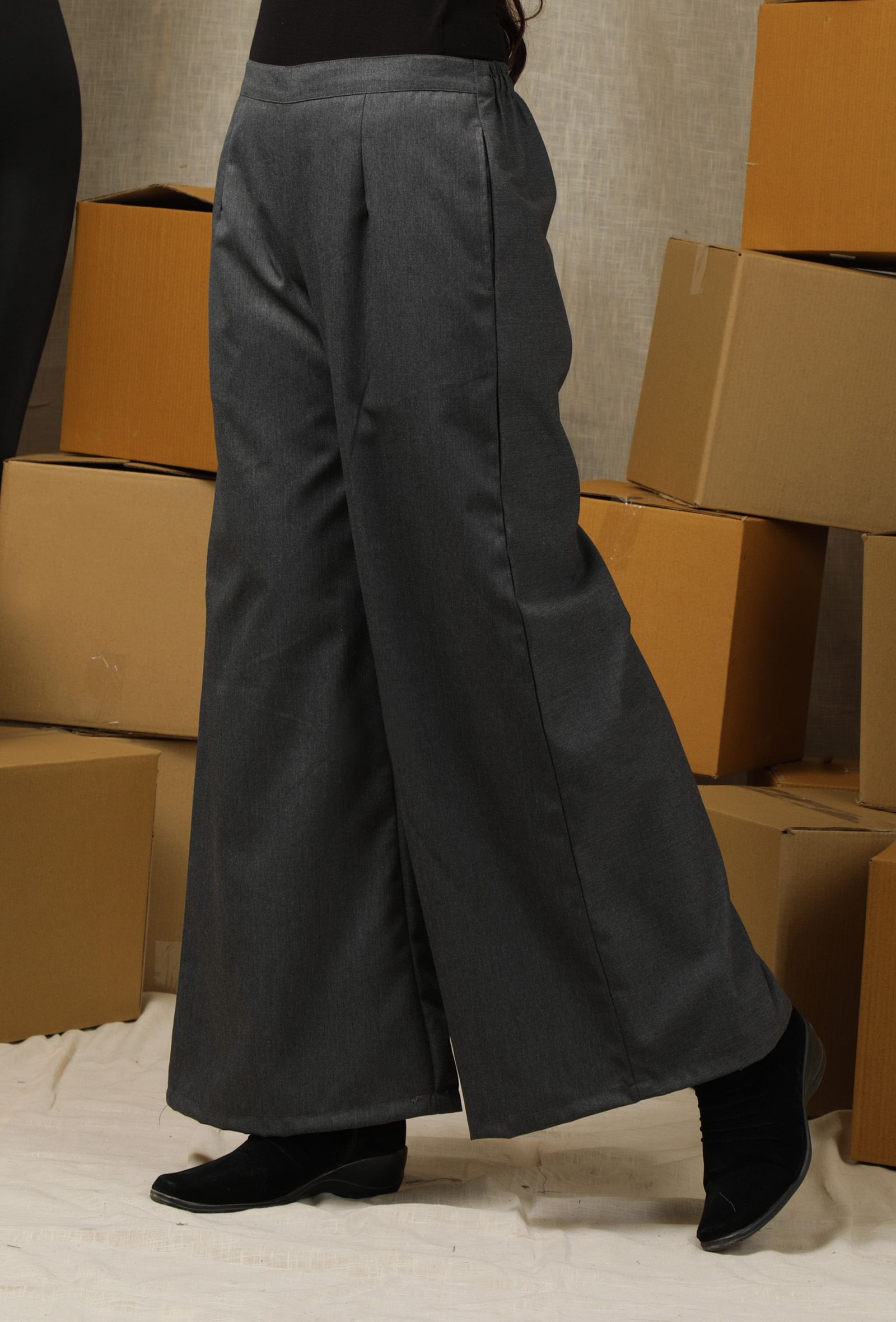 Charcoal Grey Solid Linen Wide Leg Formal Pants With Pockets