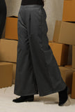 Charcoal Grey Solid Linen Wide Leg Formal Pants With Pockets