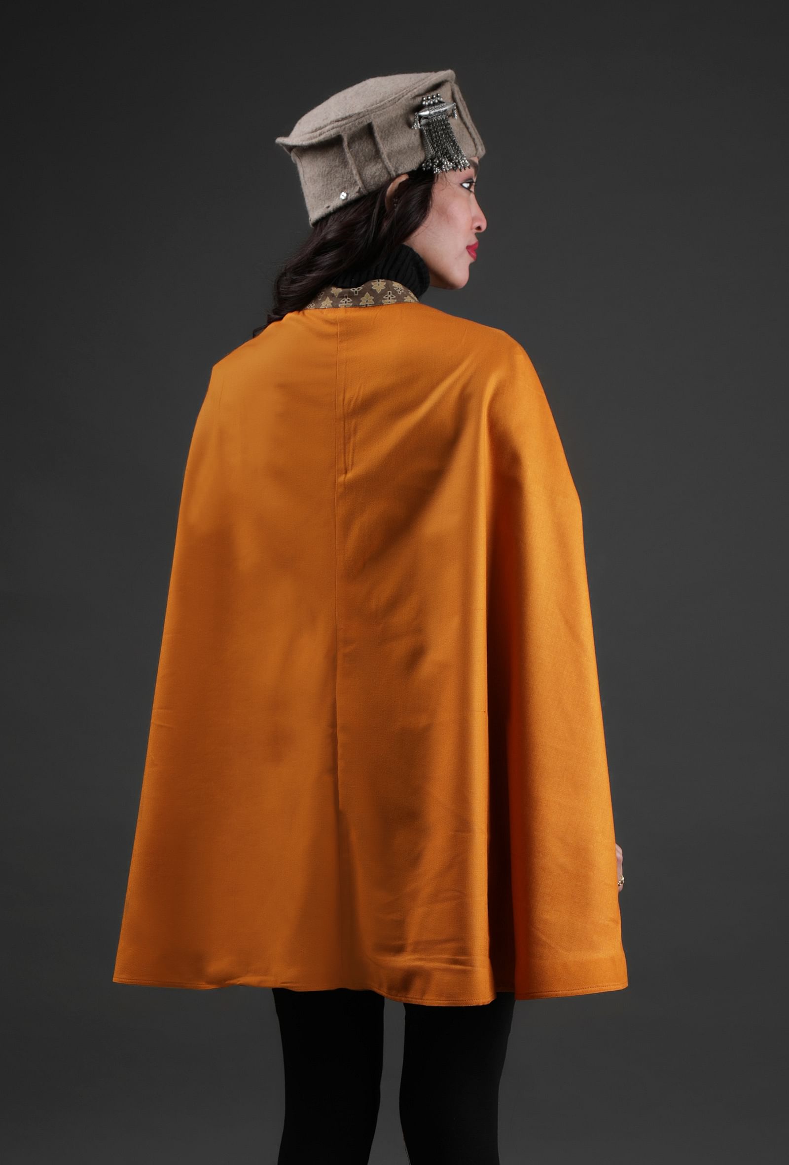 Parehaa Mustard Cashmilon Front-Open Overlay Cape With Ajrakh Detailing