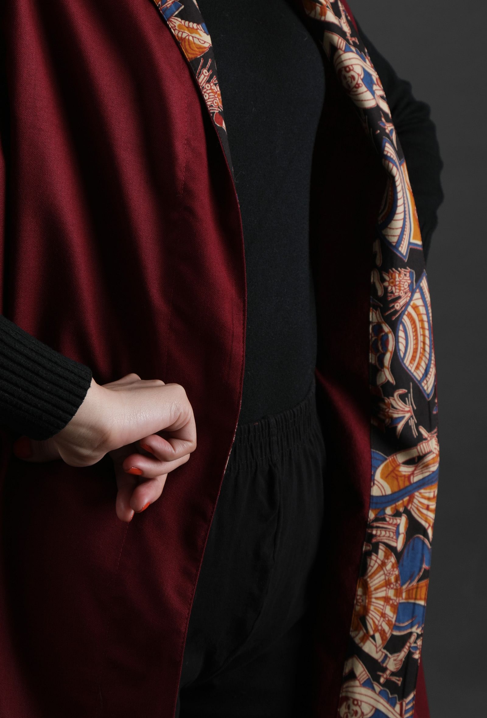 Mahnoor Maroon Cashmilon Front-Open Shrug With Kalamkari Detailing