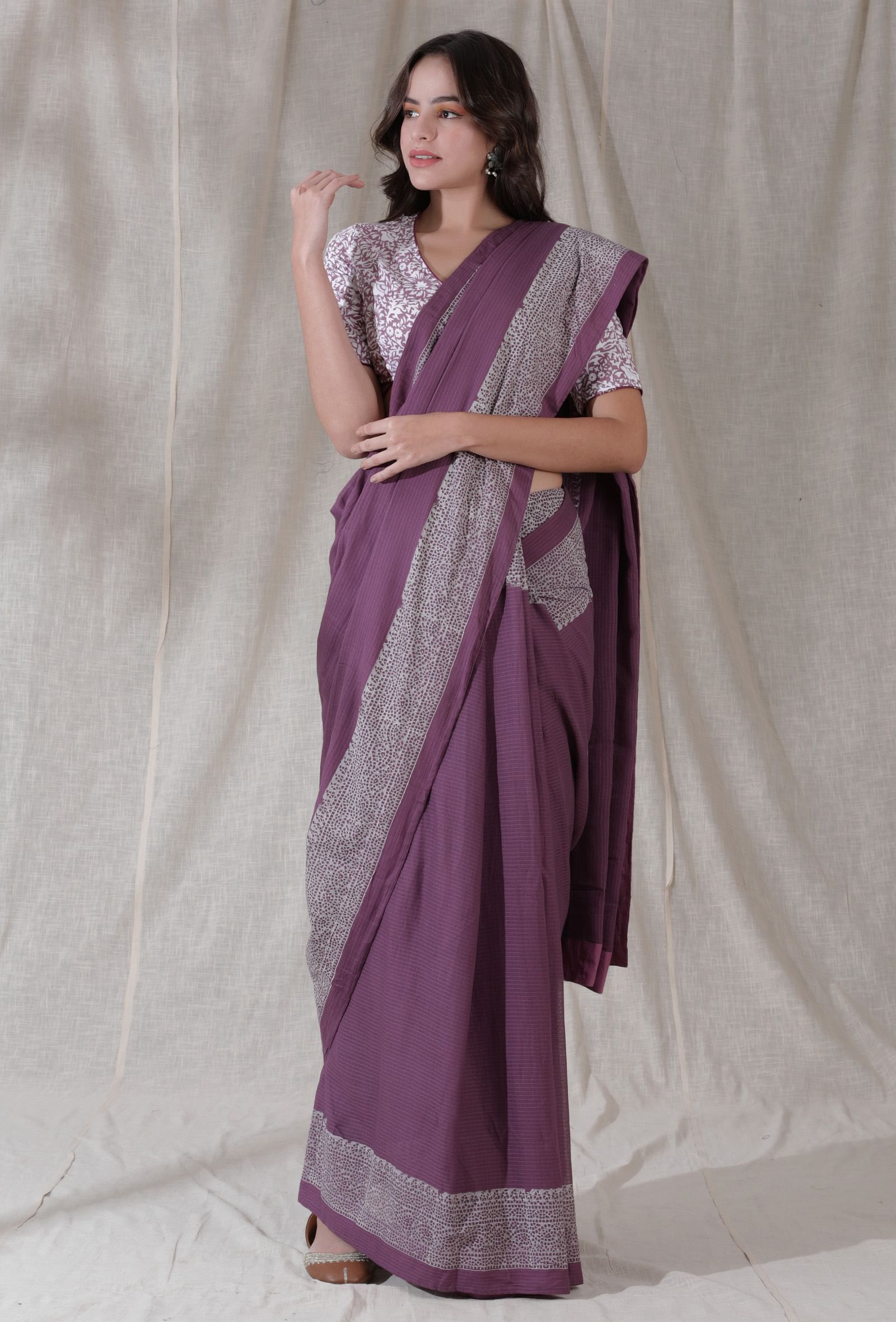 Cotton kota mauve color blockprinted border saree