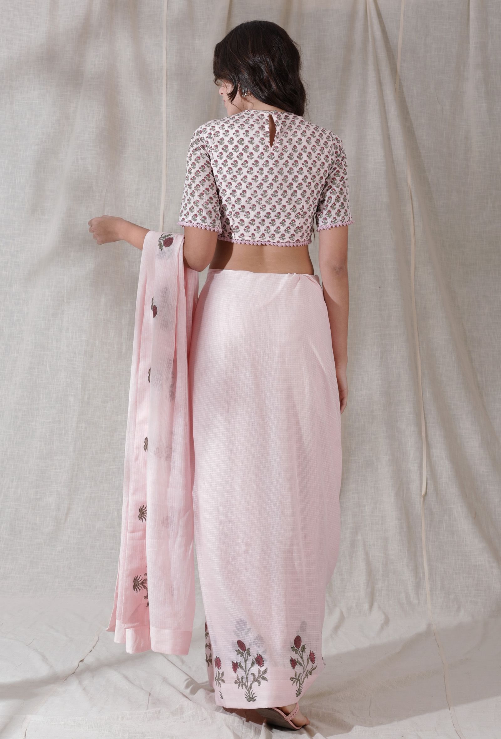 Lemonade pink color kota cotton florals blockprinted saree