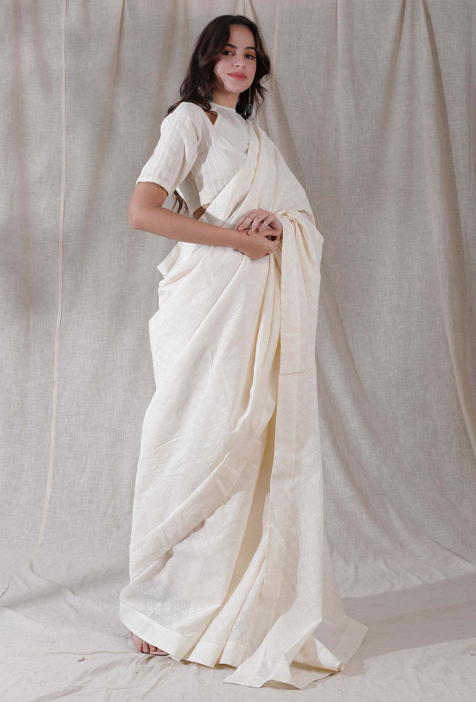 Off white self work detailed heavy cotton saree