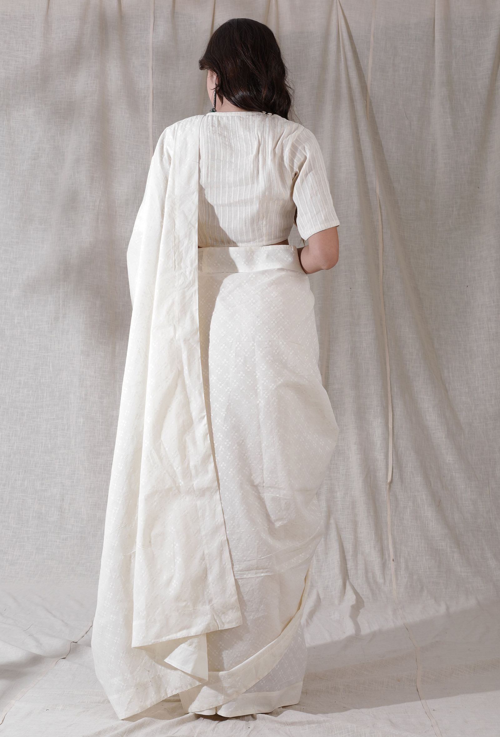Off white self work detailed heavy cotton saree