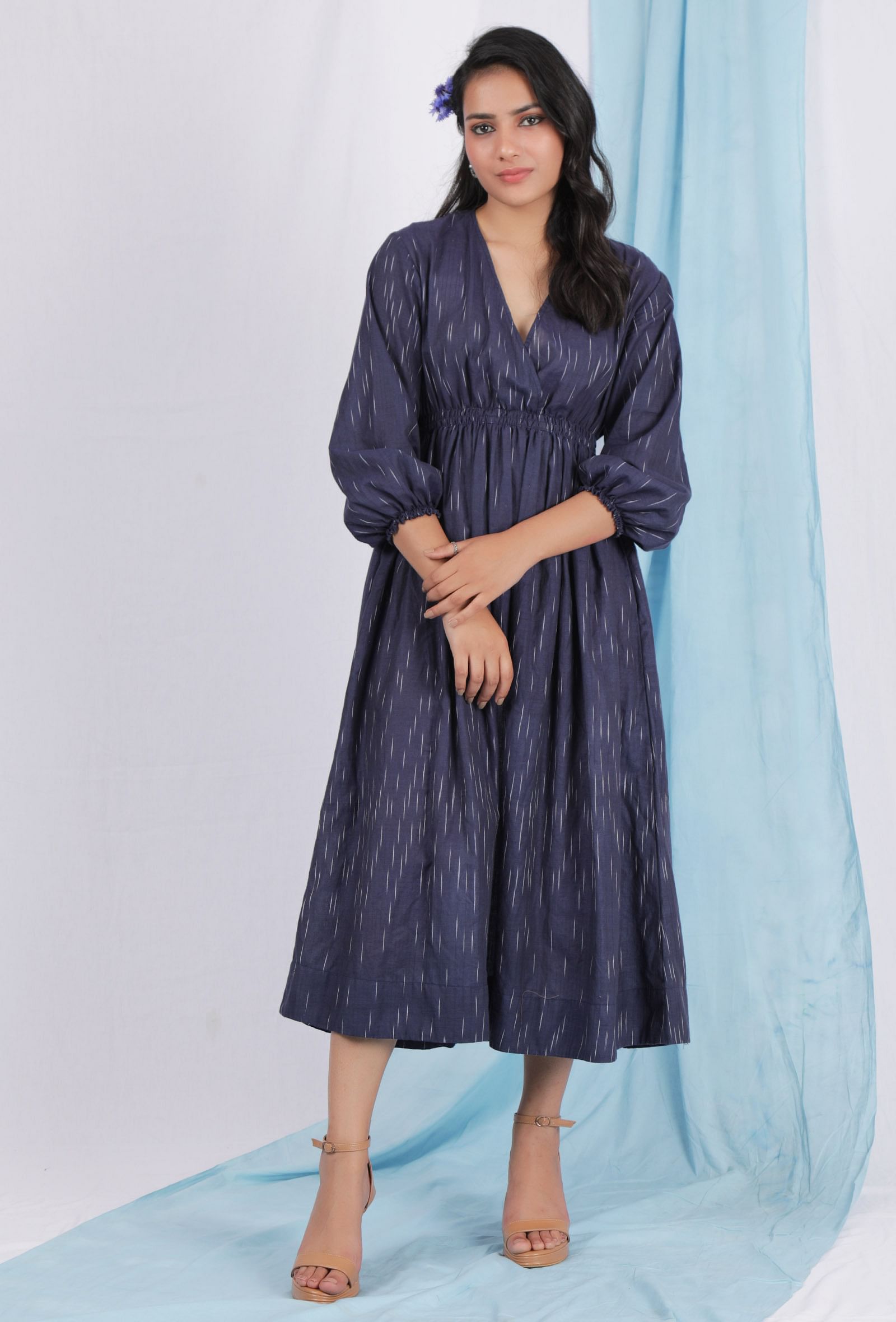 Spruce blue color ikkat overlapped dress