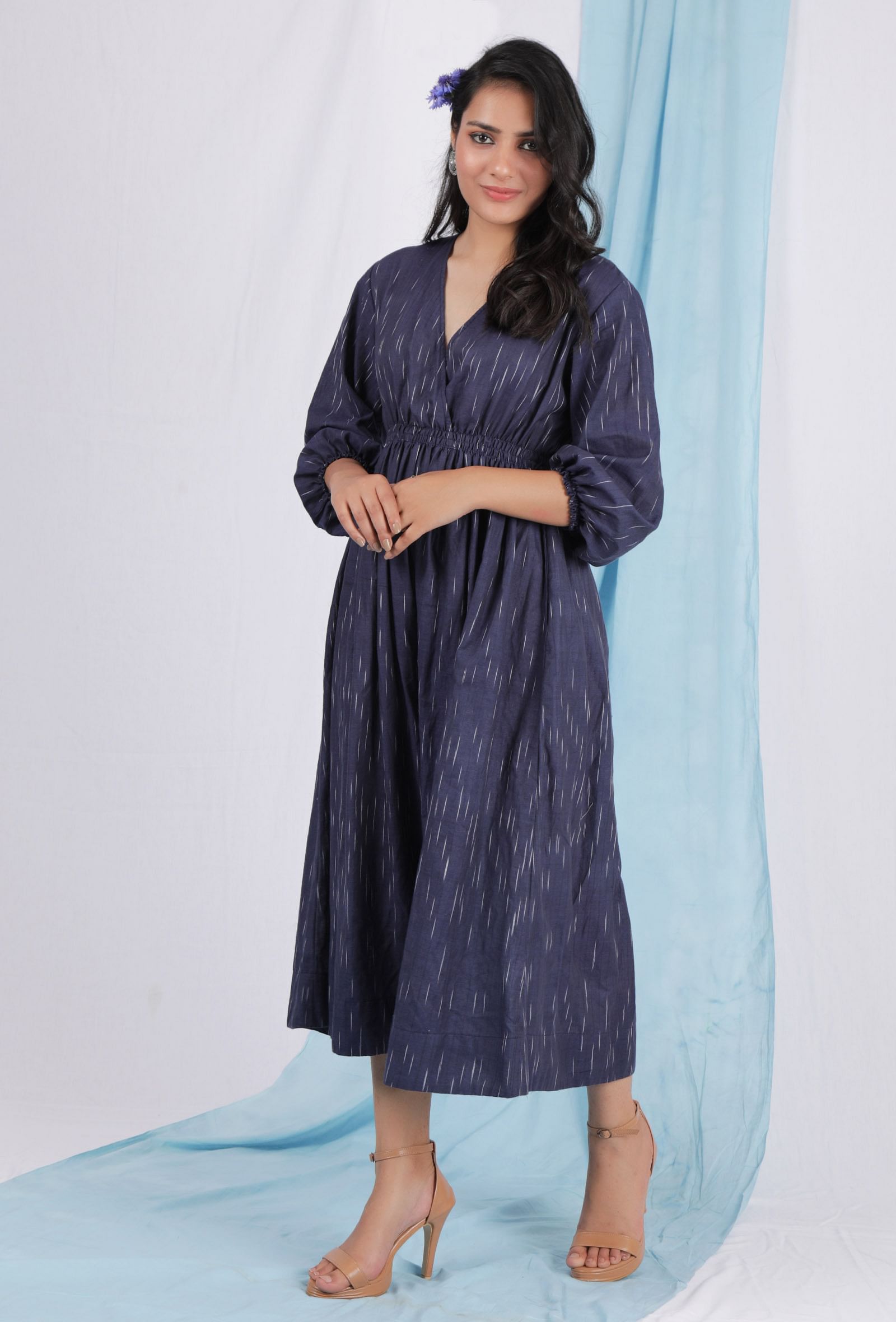 Spruce blue color ikkat overlapped dress