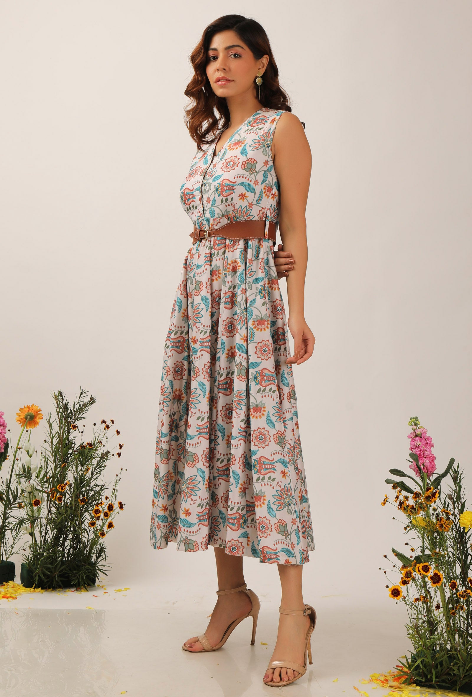 Lilybeth Floral Chintz Kalidar Long Dress With Belt