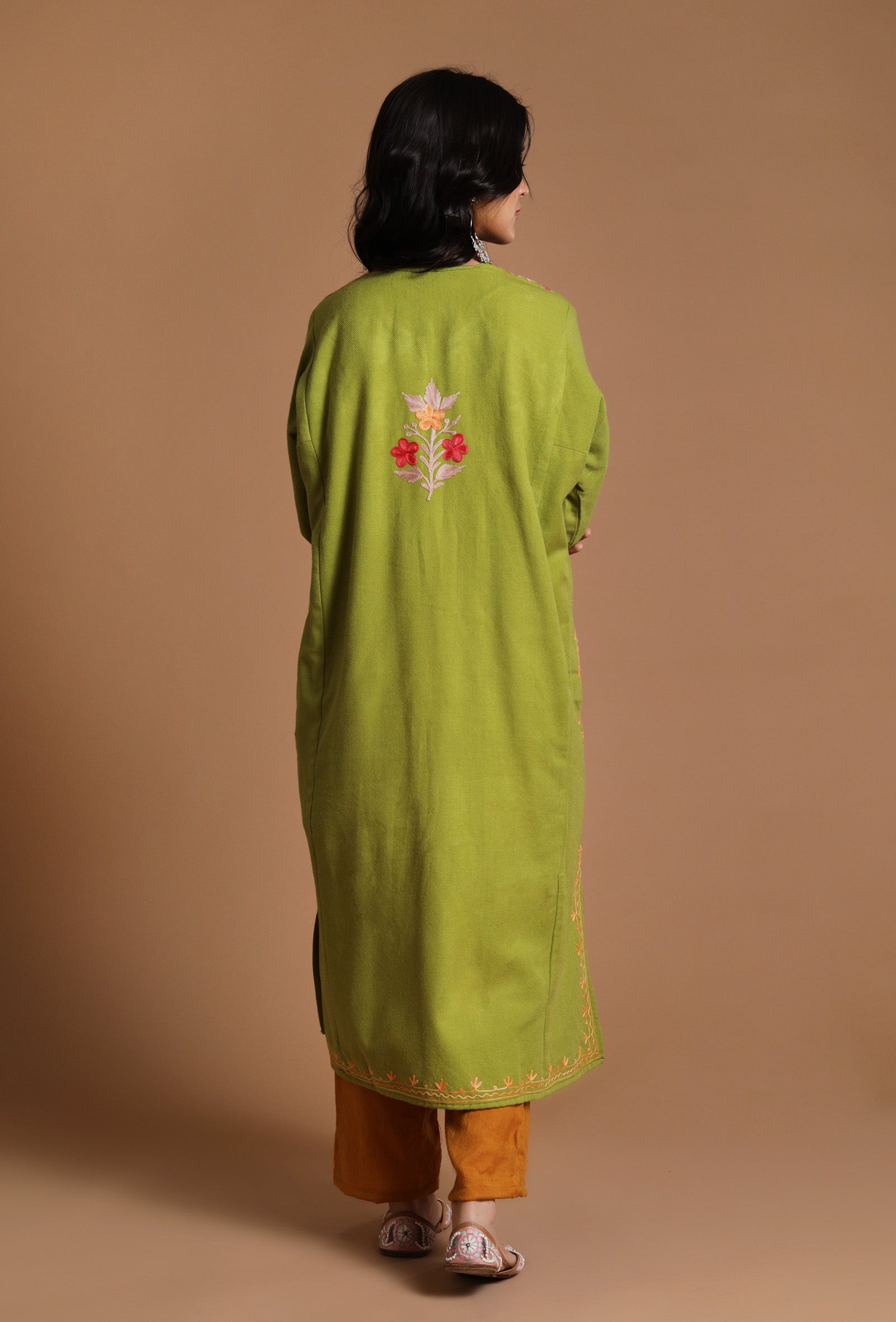 Light Olive Green Aari Embroidered Kashmiri Phiran-Free Size