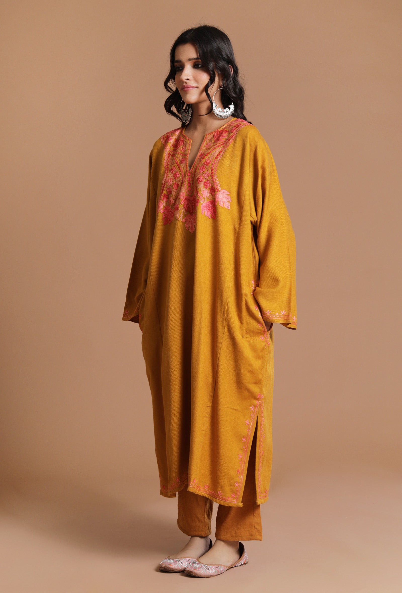 Fire Bush Aari Embroidered Kashmiri Phiran-Free Size