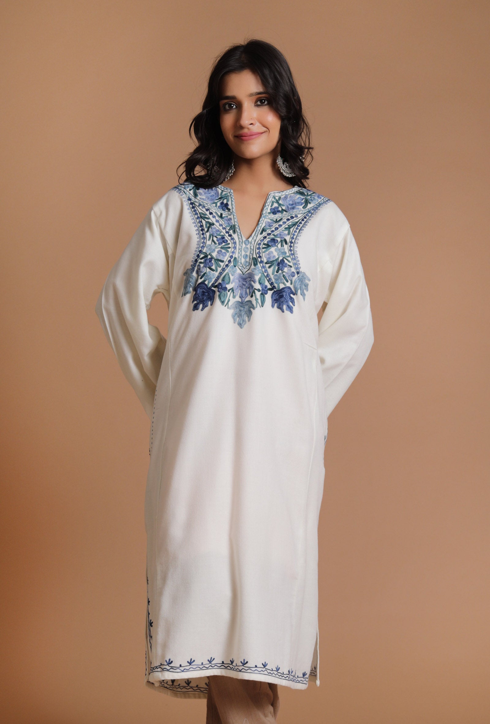 Alabaster Aari Embroidered Kashmiri Phiran-Free Size