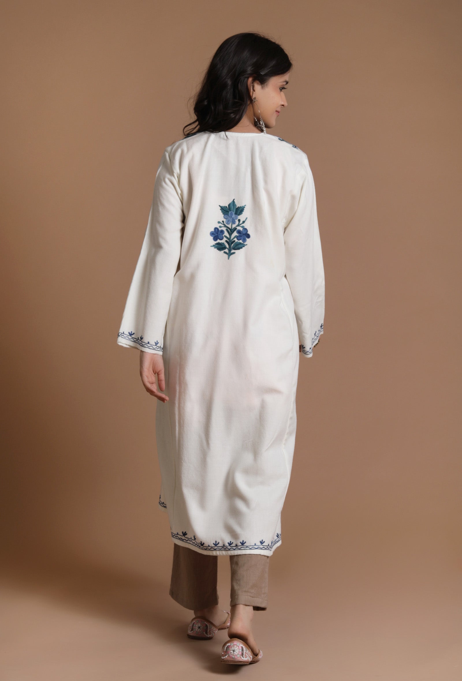 Alabaster Aari Embroidered Kashmiri Phiran-Free Size