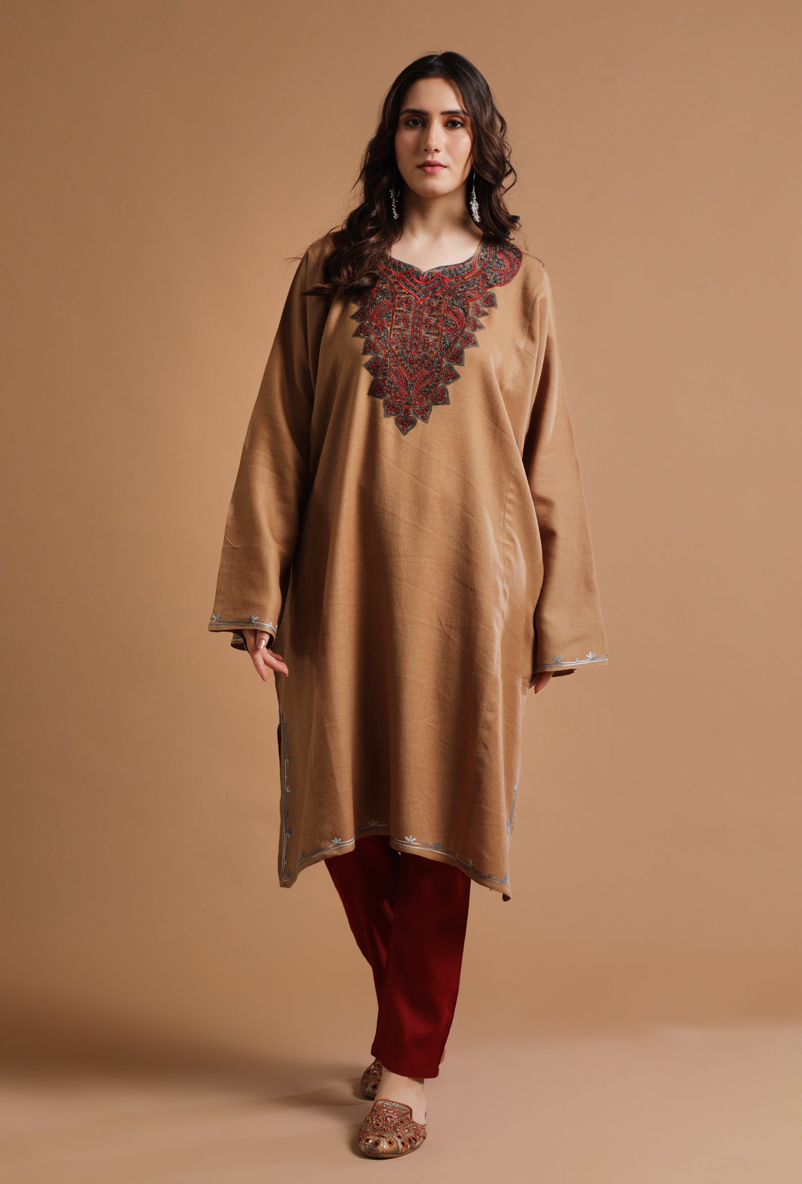 Dark Beige Kashmiri Sozni Embroidery Phiran-Free Size