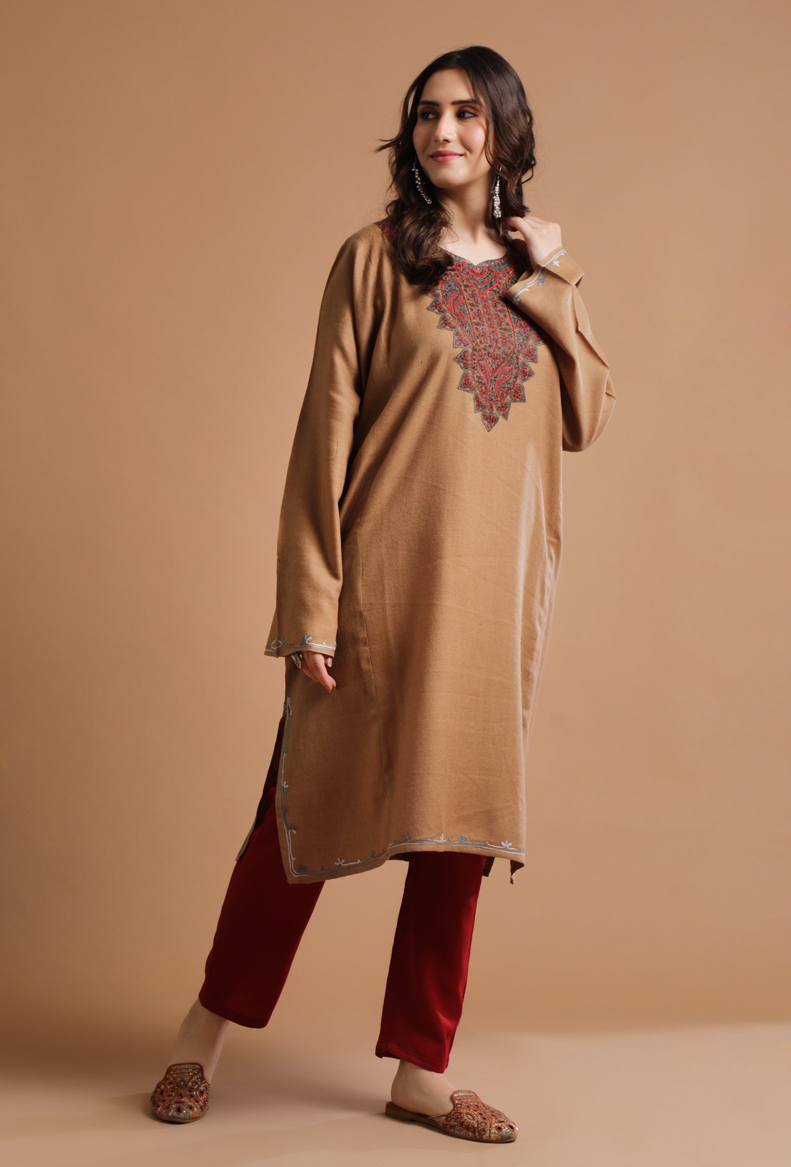 Dark Beige Kashmiri Sozni Embroidery Phiran-Free Size