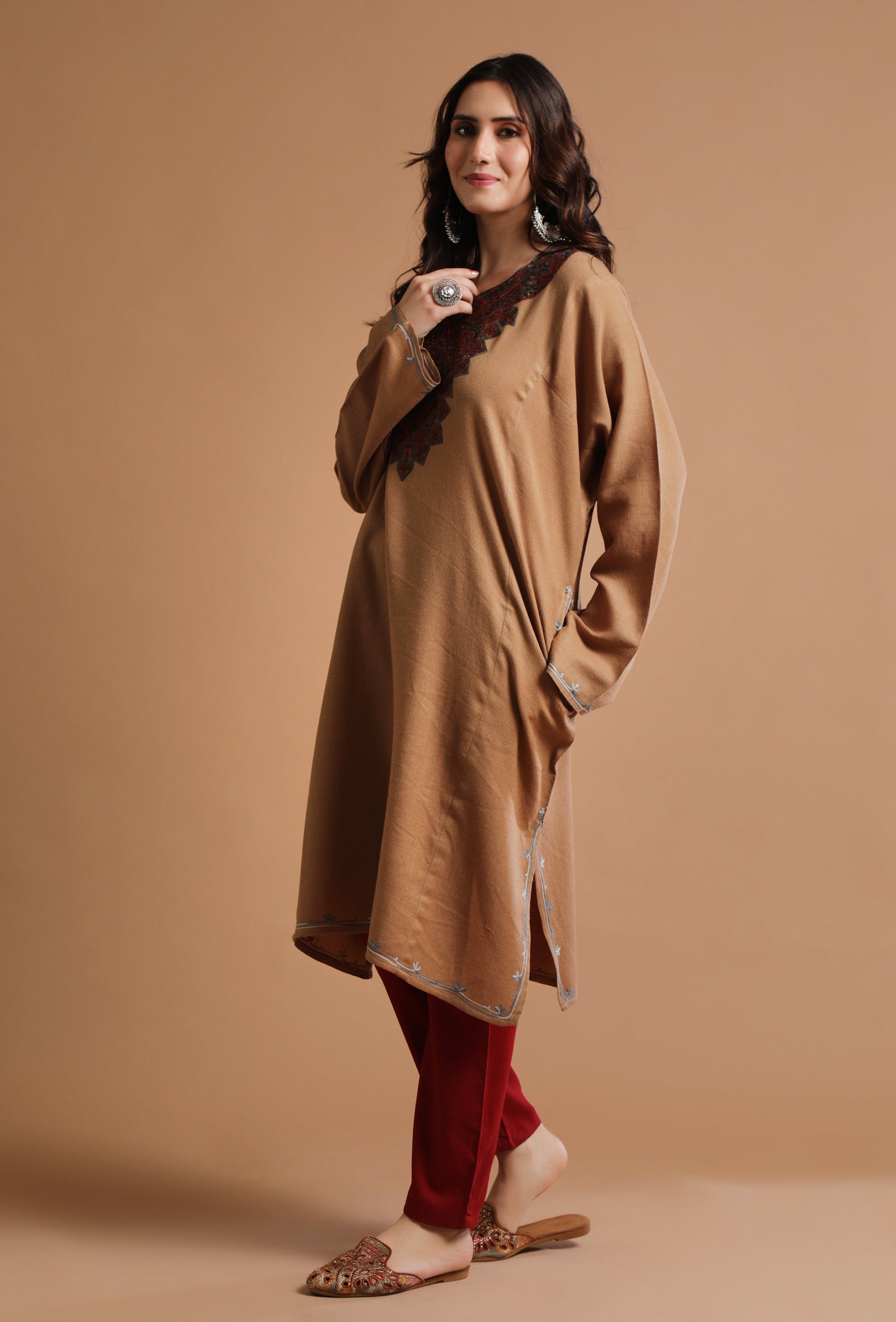 Dark Beige Kashmiri Sozni Embroidery Phiran-Free Size