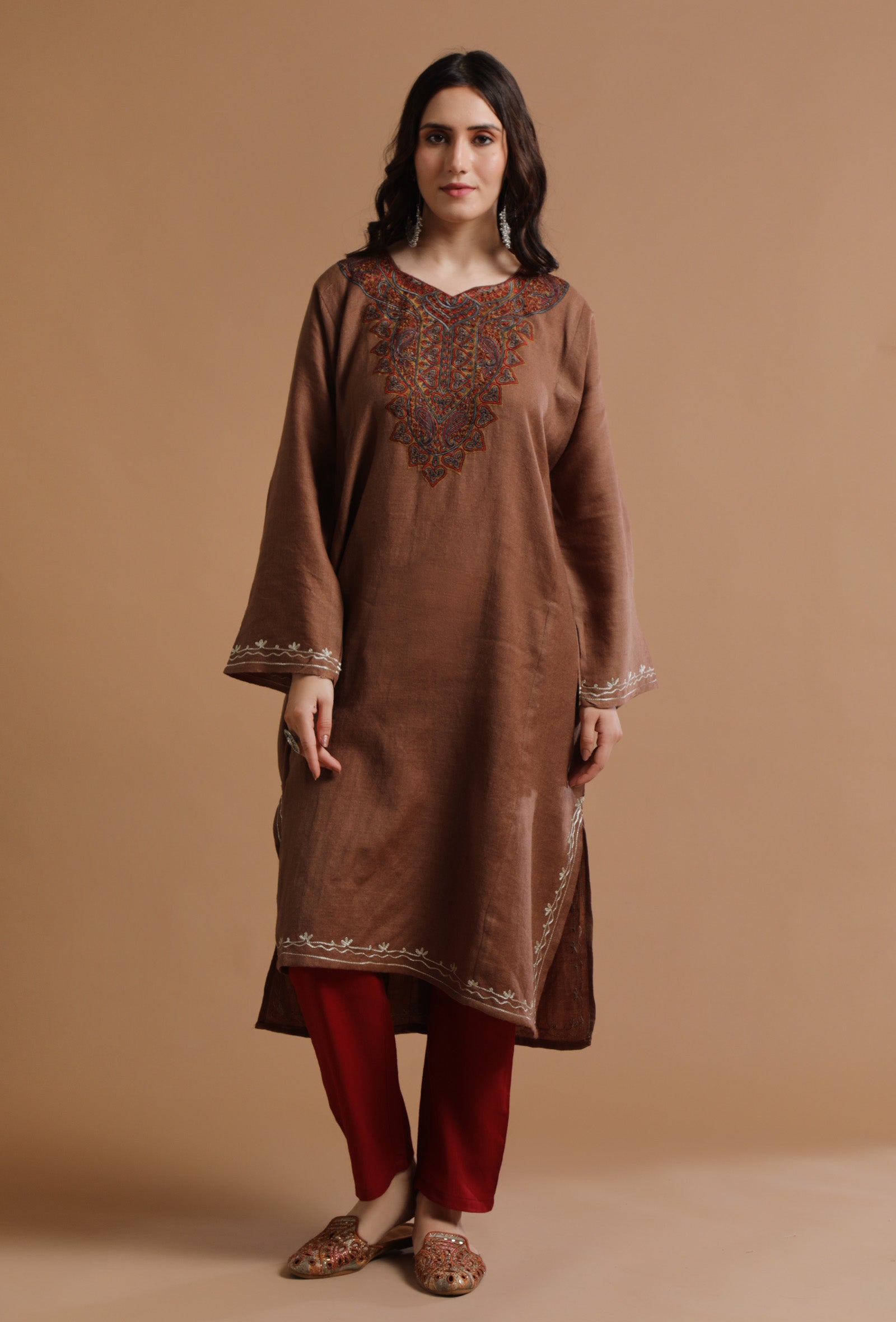 Irish Coffee Kashmiri Sozni Embroidery Phiran-Free Size