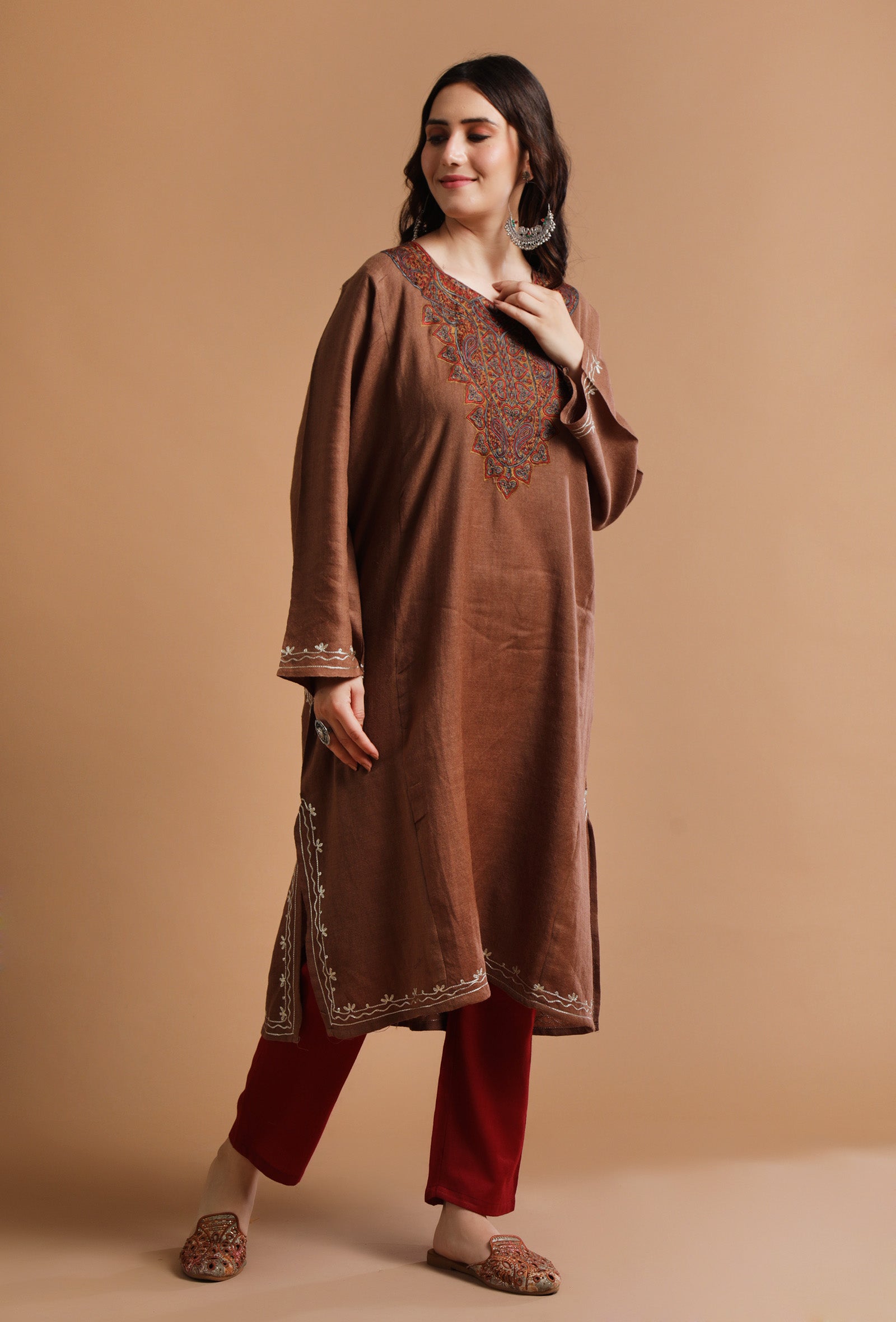 Irish Coffee Kashmiri Sozni Embroidery Phiran-Free Size