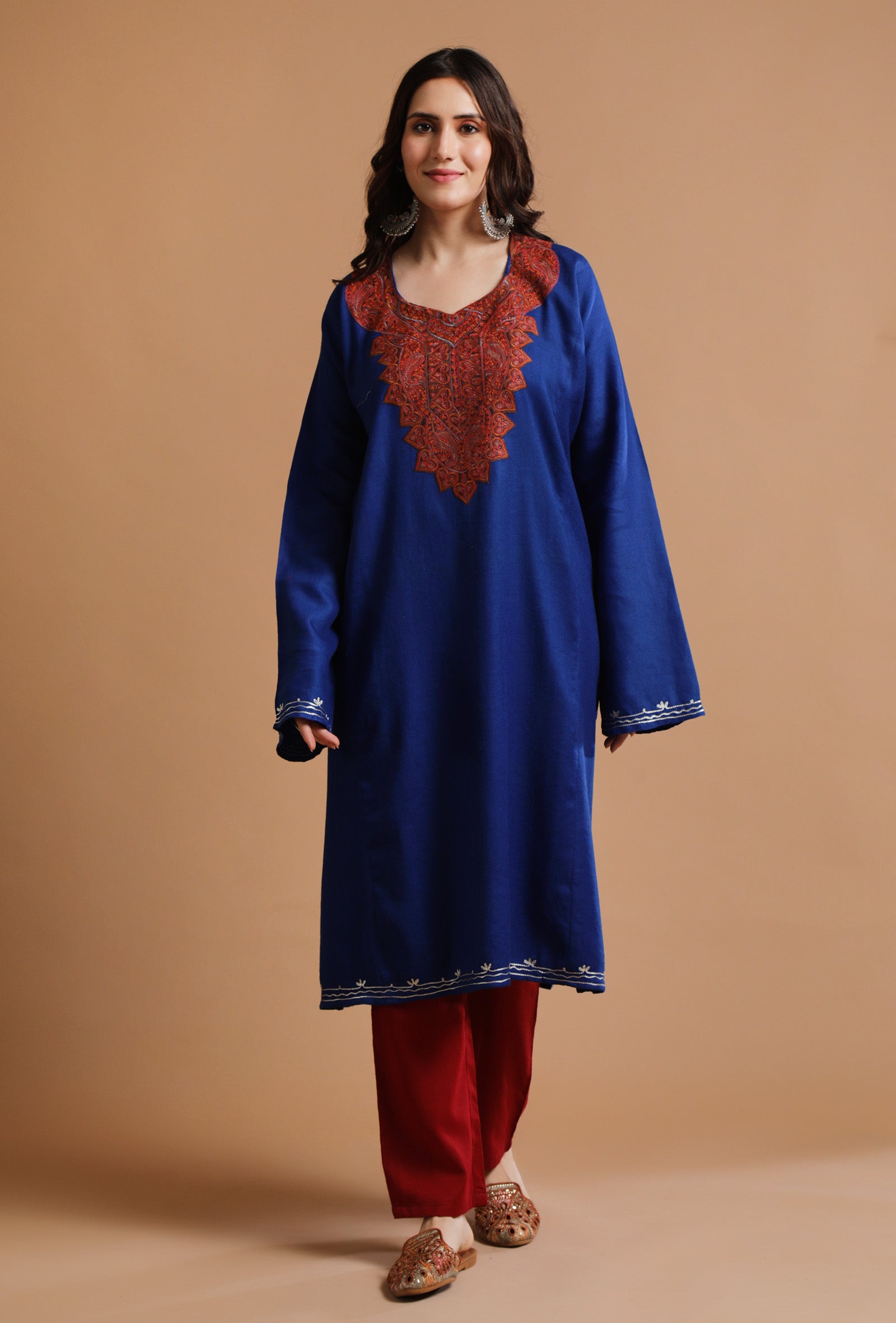 Catalina Blue Kashmiri Sozni Embroidery Phiran-Free Size