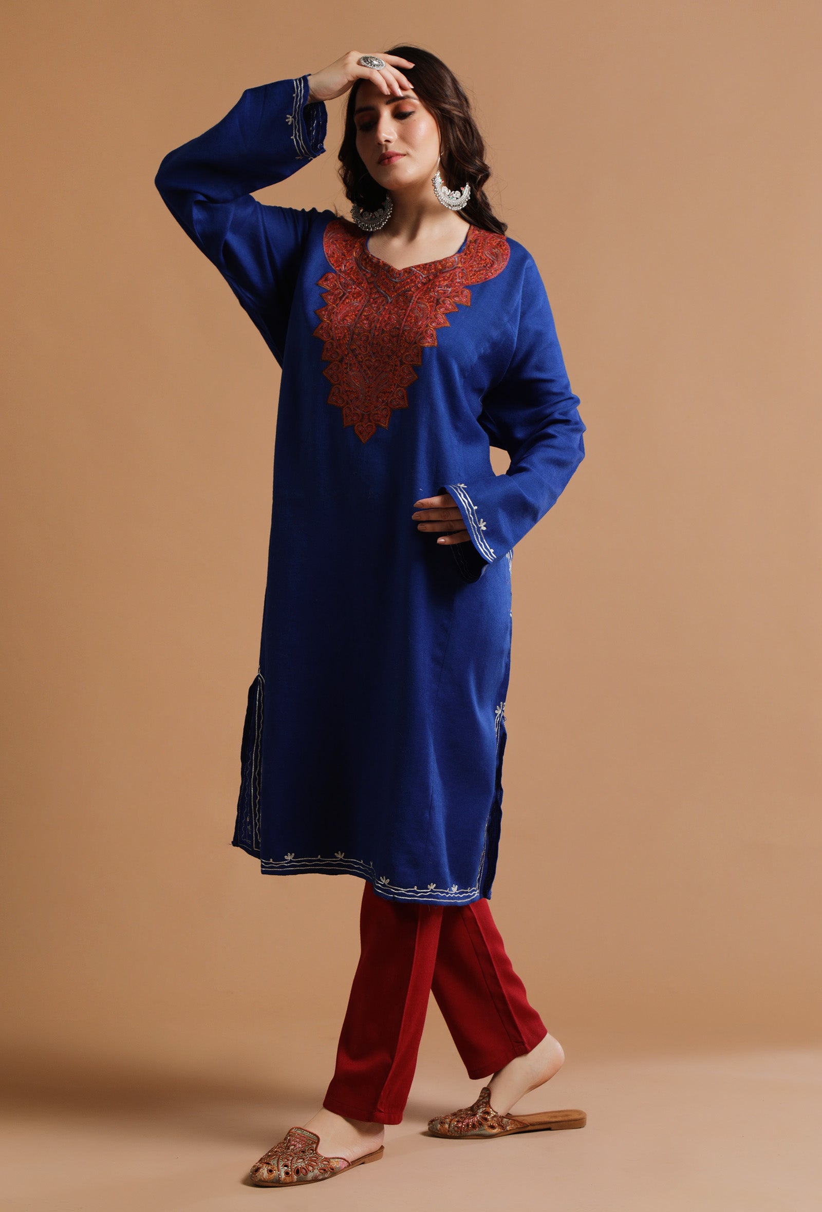 Catalina Blue Kashmiri Sozni Embroidery Phiran-Free Size