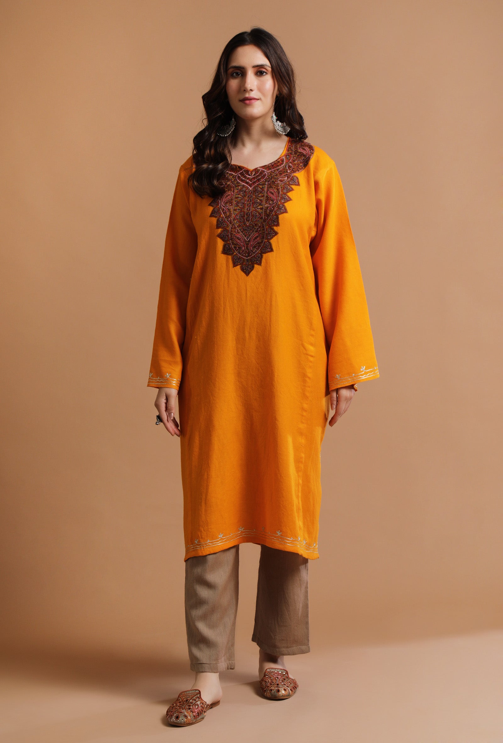 ArtyClick Orange Kashmiri Sozni Embroidery Phiran-Free Size
