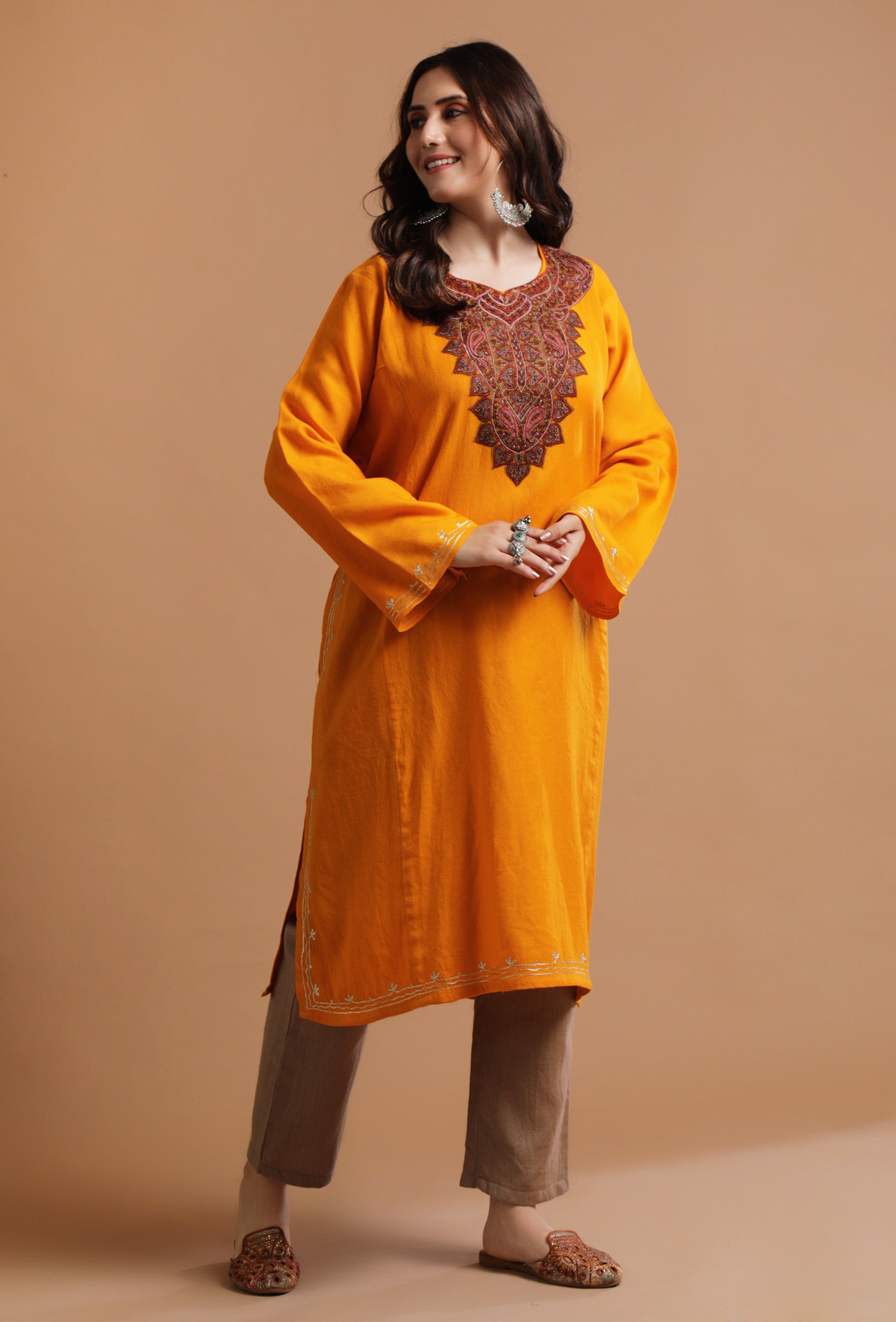 ArtyClick Orange Kashmiri Sozni Embroidery Phiran-Free Size
