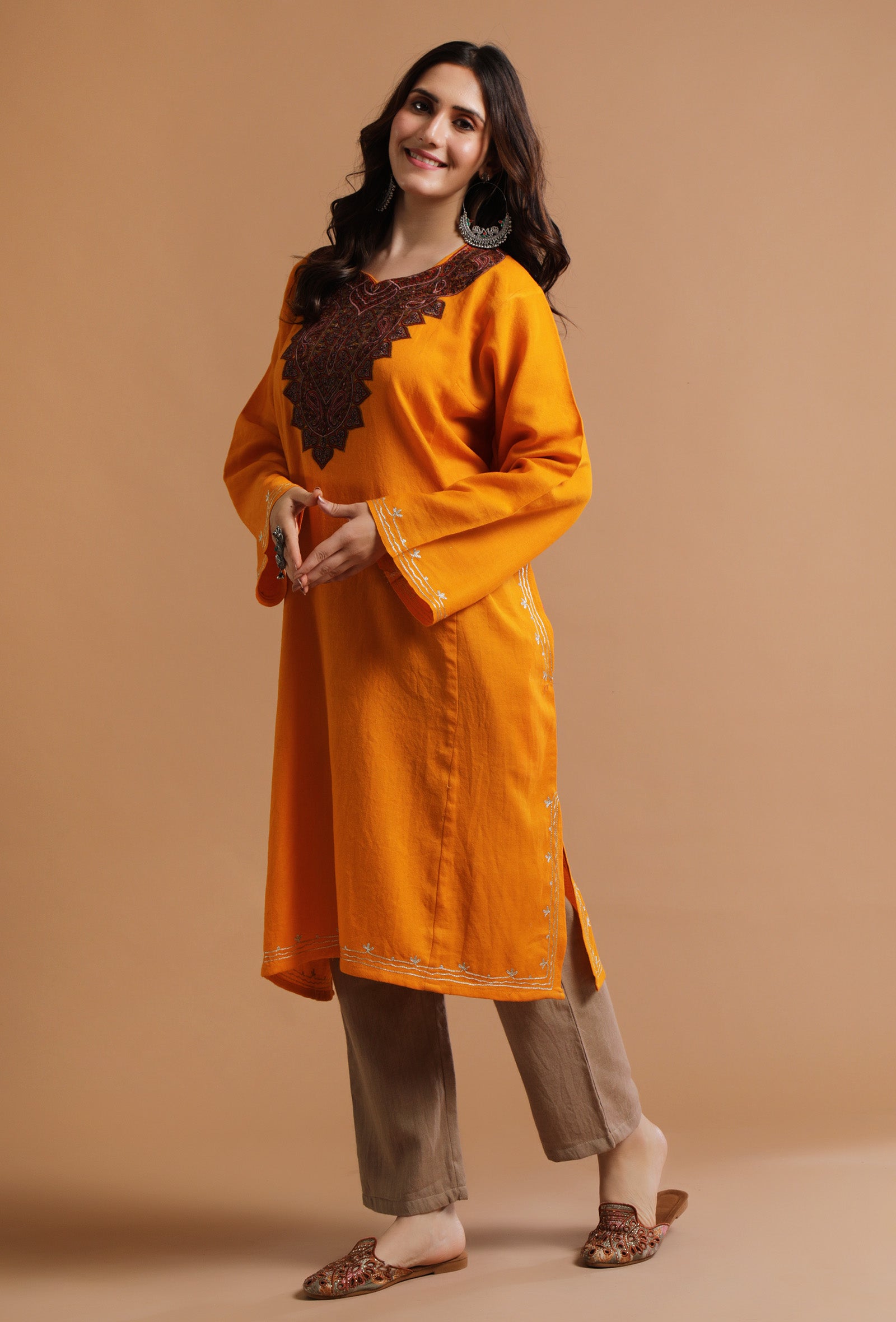 ArtyClick Orange Kashmiri Sozni Embroidery Phiran-Free Size