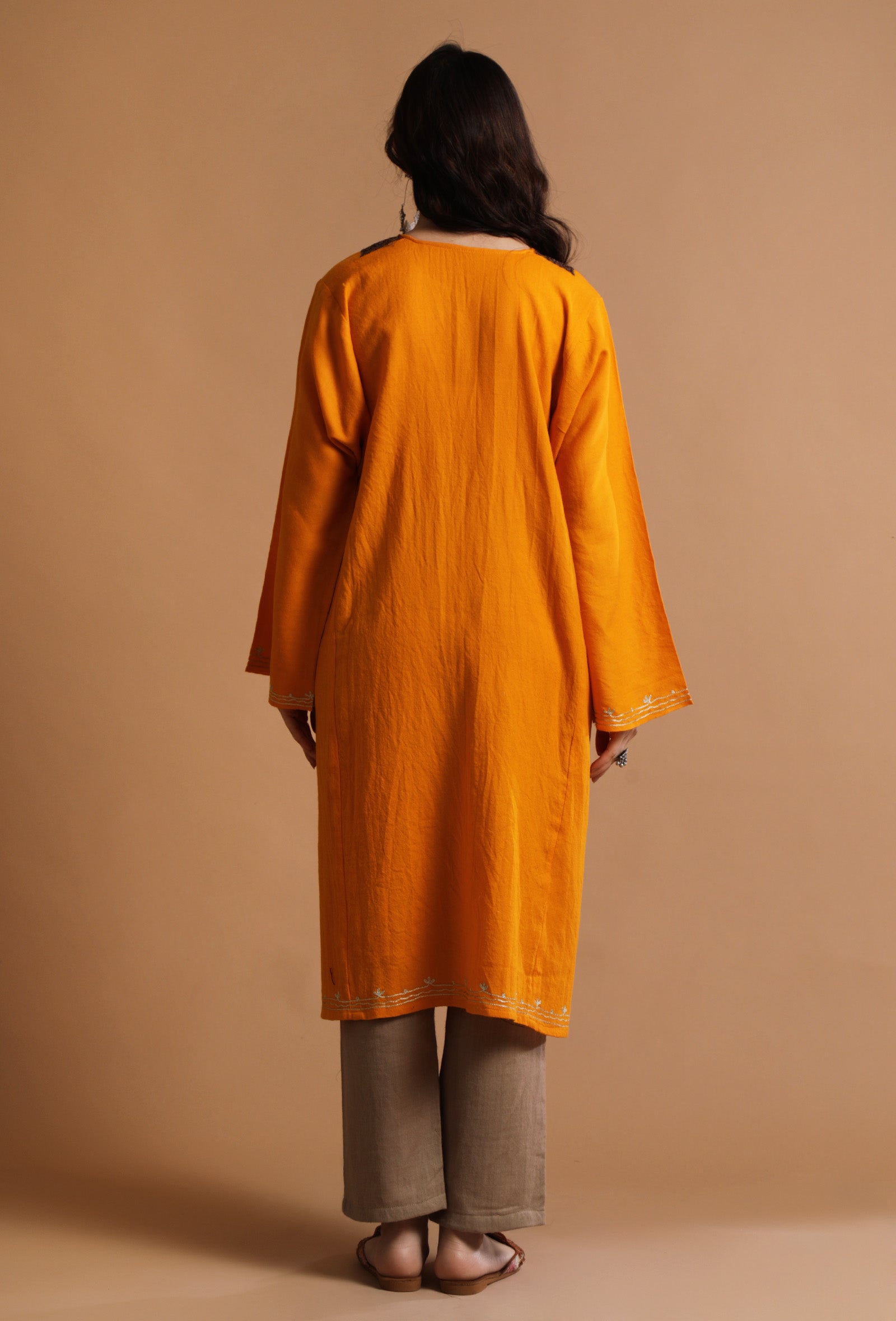 ArtyClick Orange Kashmiri Sozni Embroidery Phiran-Free Size