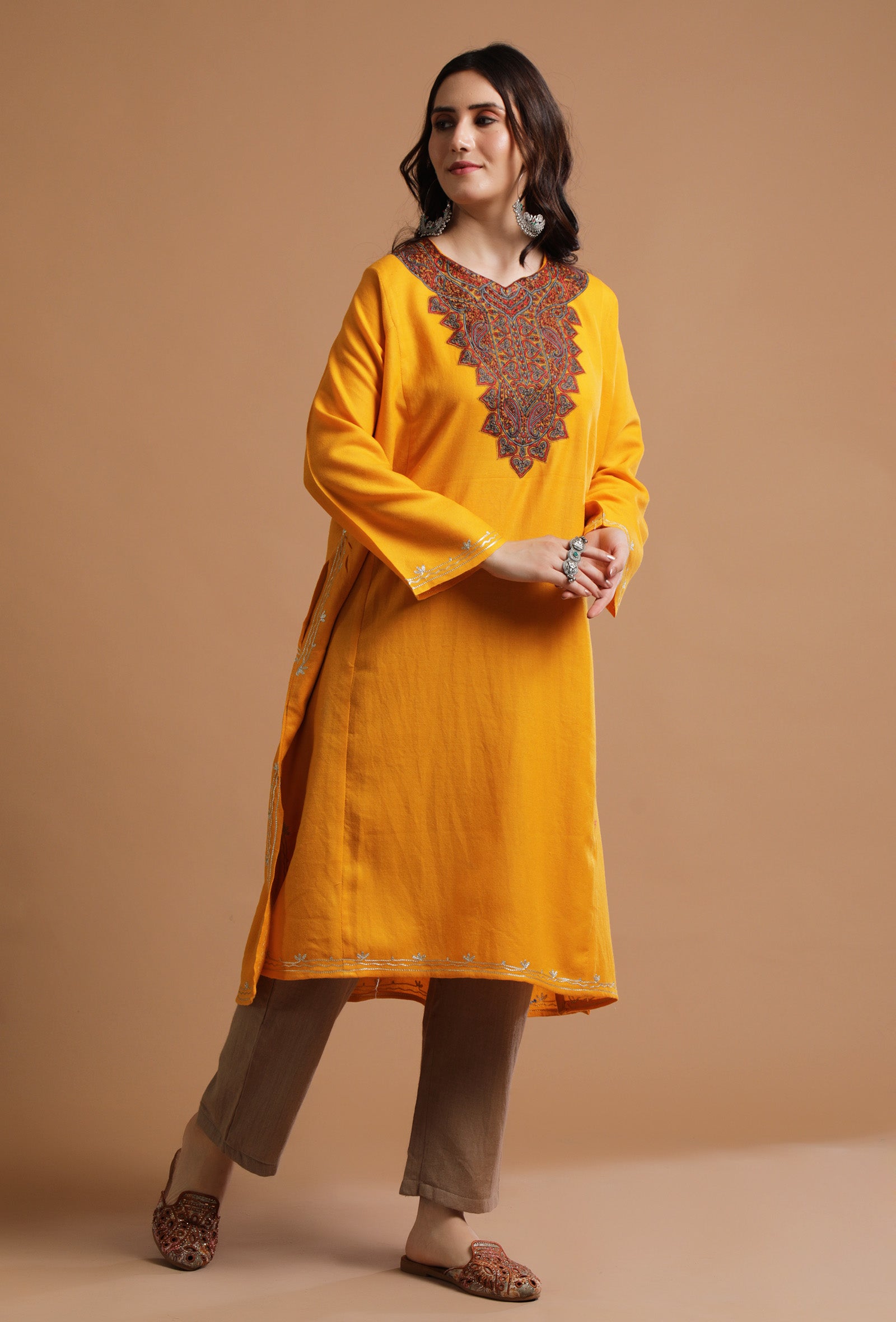 Carrot Orange Kashmiri Sozni Embroidery Phiran-Free Size