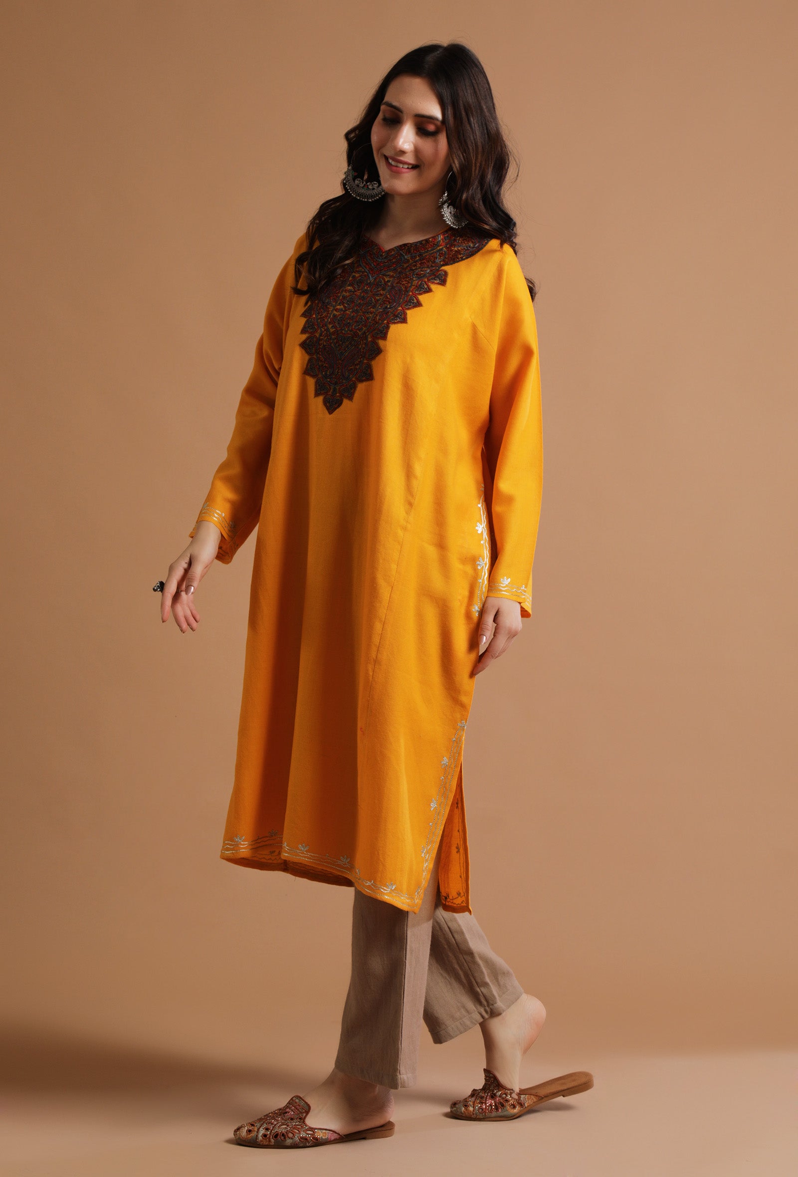 Carrot Orange Kashmiri Sozni Embroidery Phiran-Free Size