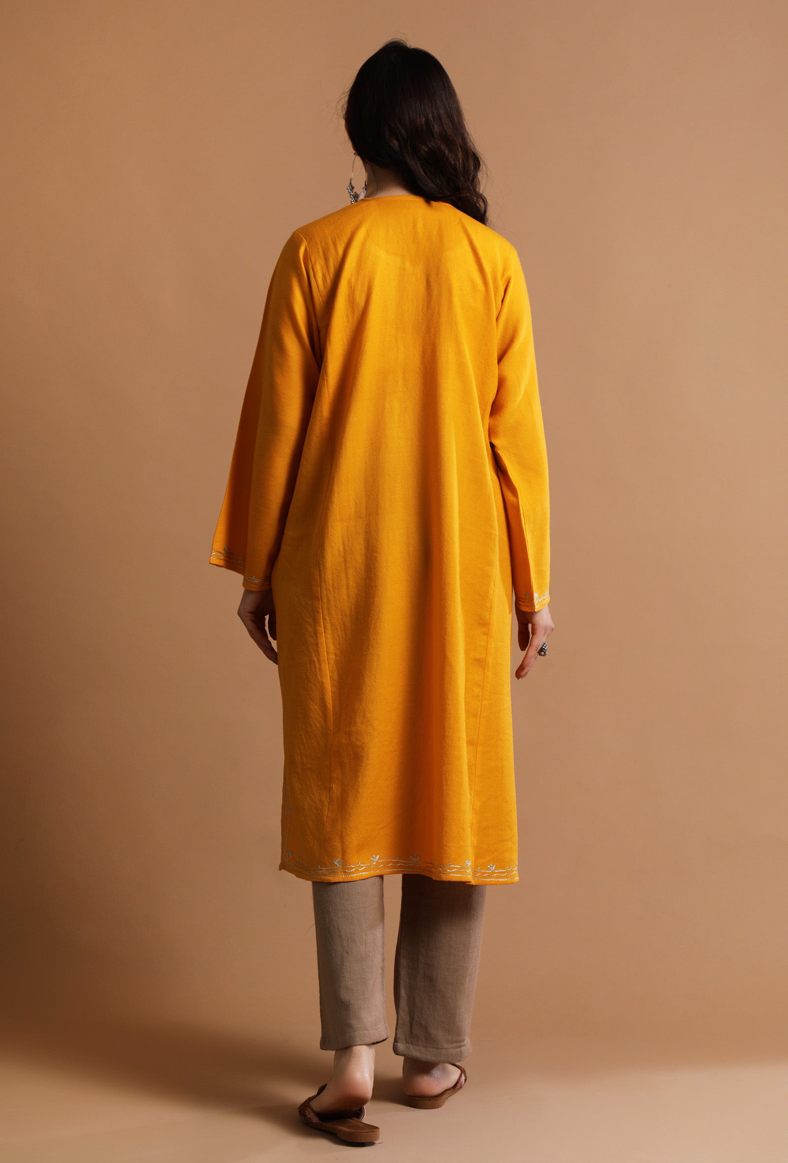 Carrot Orange Kashmiri Sozni Embroidery Phiran-Free Size