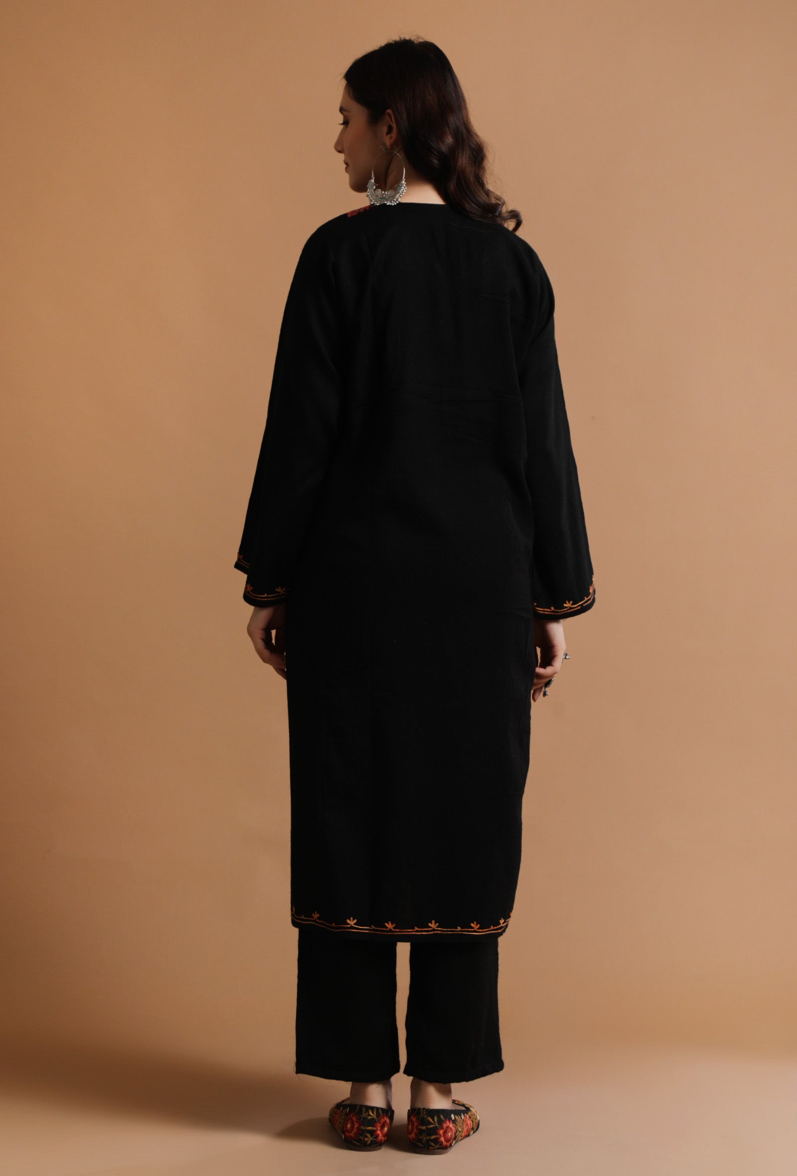 Black Kashmiri Sozni Embroidery Phiran-Free Size