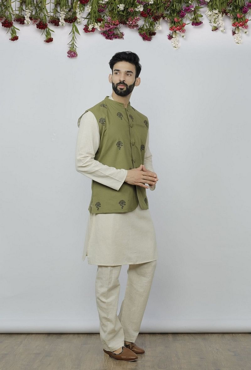 Set of 3 - Safeda Cotton Kurta & Pyjama with Olive Green Nehru Jacket
