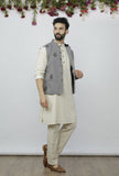 Set of 3 - Safeda Cotton Kurta & Pyjama with Grey Nehru Jacket